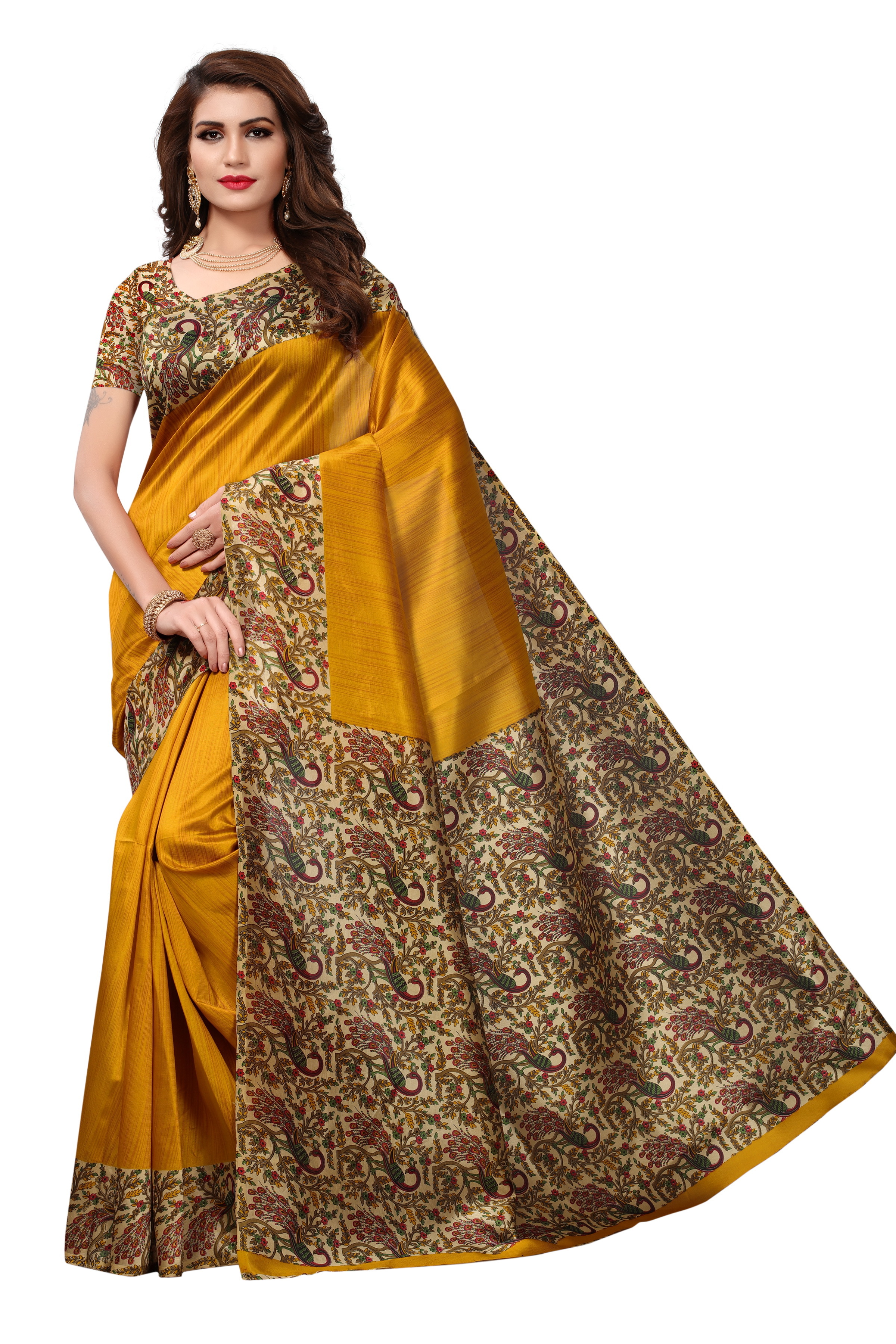 Mysore Silk Print Saree - Art Silk, 5.5 Mtr Length, 0.8 Mtr Blouse | Color: Yellow, Green, Blue, Red, Pink, Pattern: Printed
