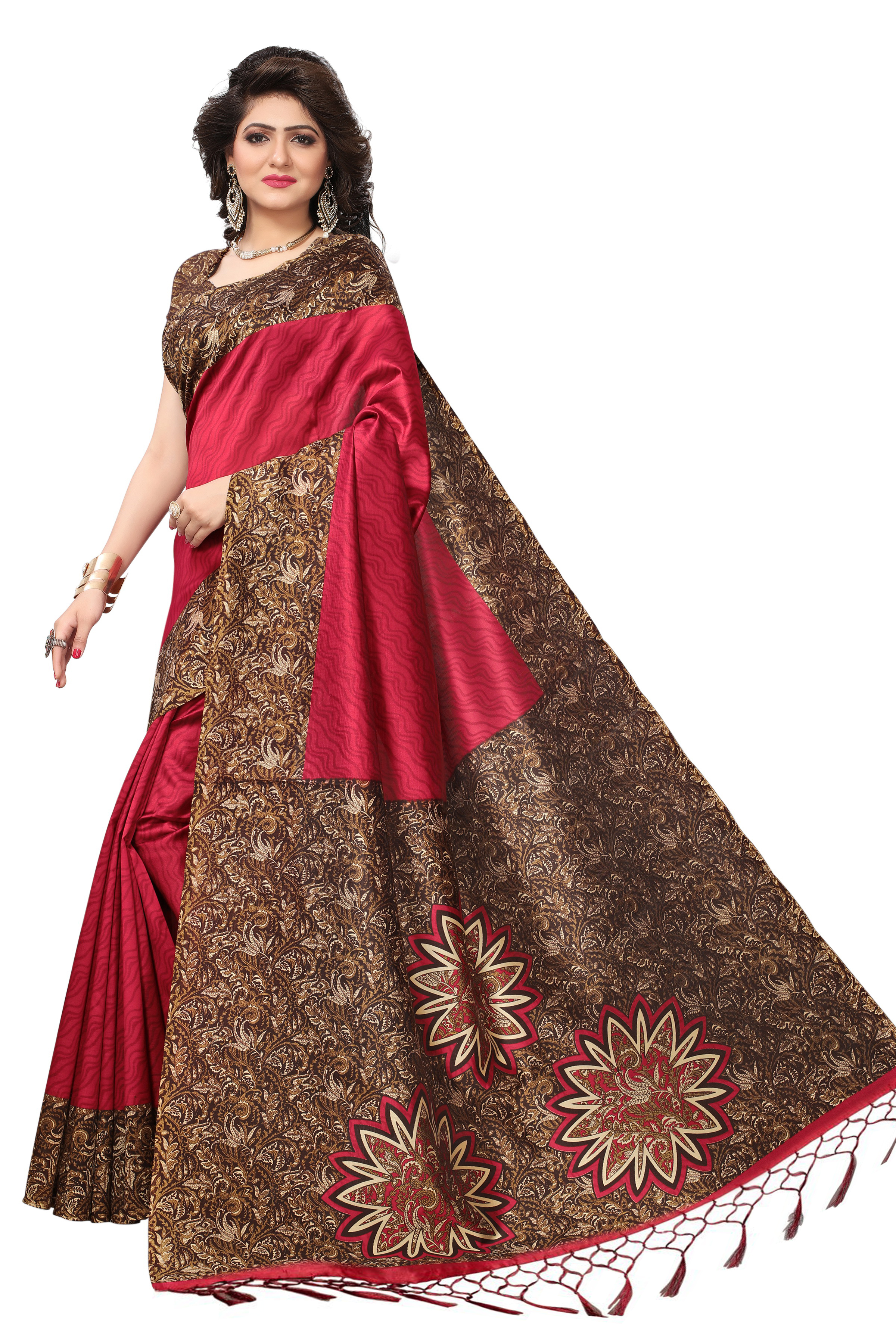 Mysore Silk Saree - 5.5 Mtr Length, 0.8 Mtr Blouse, Art Silk | Printed Pattern, Available In Yellow, Green, Blue, Red, Pink