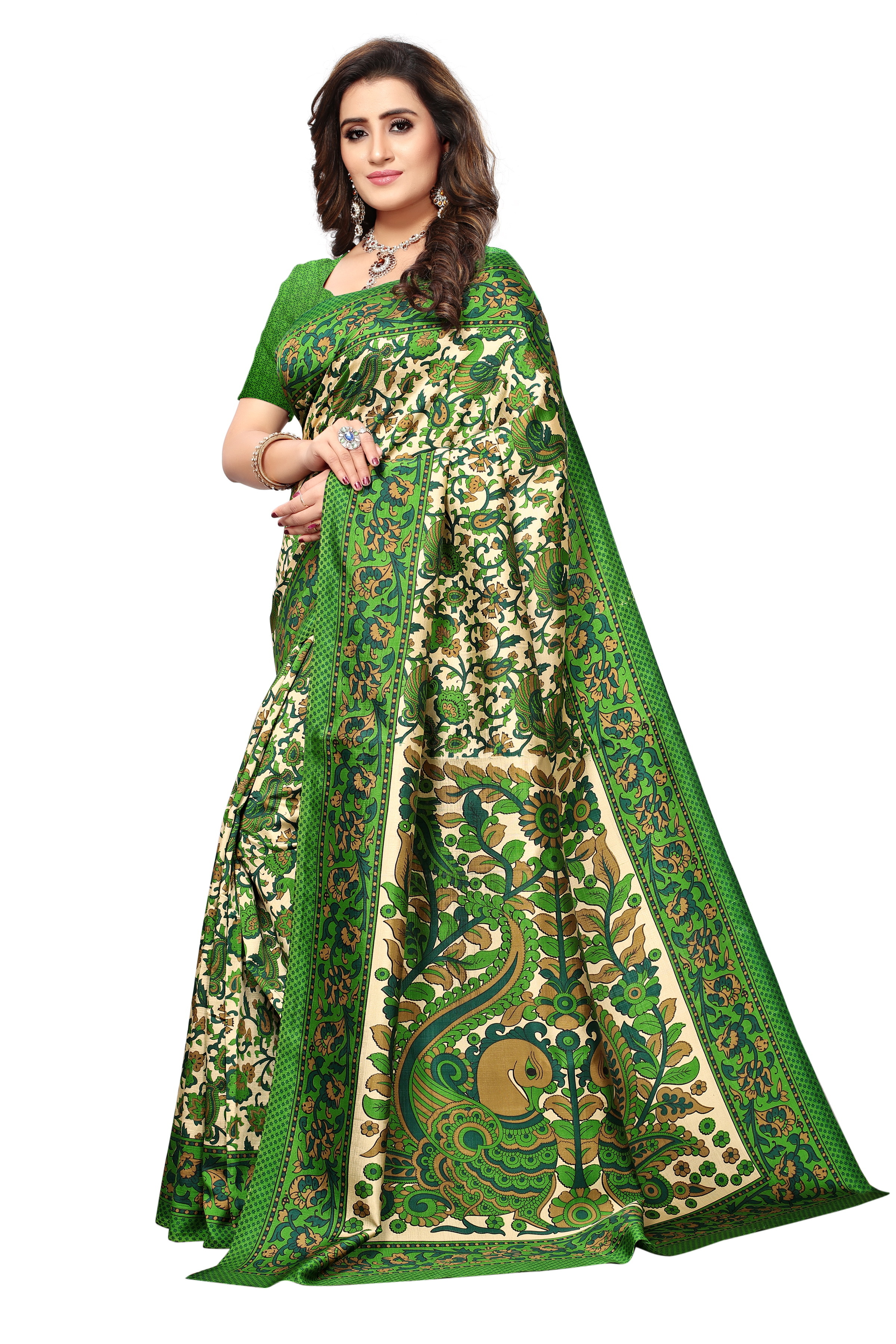 Mysore Silk Saree - 5.5 Mtr Length, 0.8 Mtr Blouse, Art Silk | Printed Pattern, Available In Yellow, Green, Blue, Red, Pink