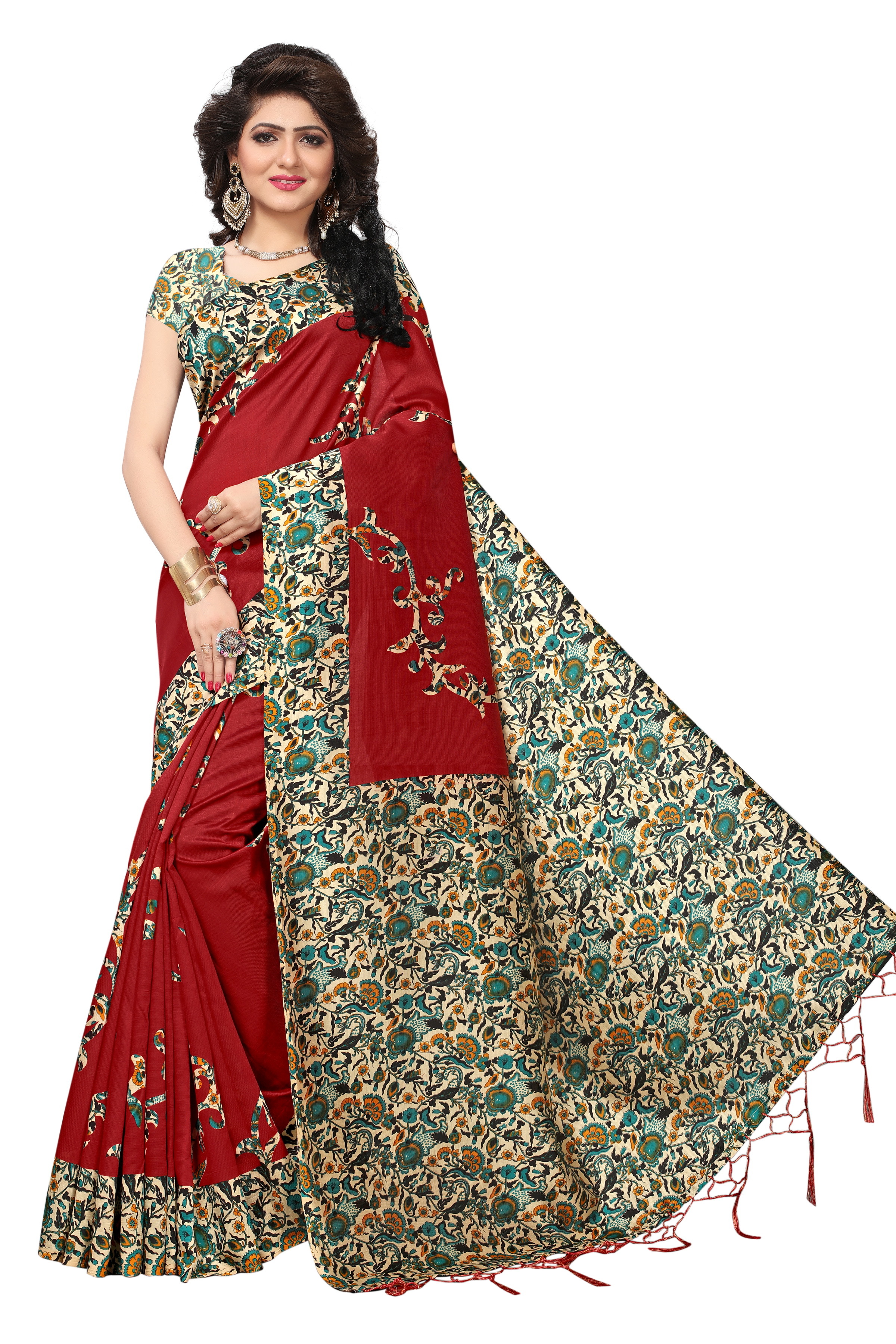 Mysore Silk Saree - 5.5 Mtr Length, 0.8 Mtr Blouse, Art Silk | Printed Pattern, Available In Yellow, Green, Blue, Red, Pink