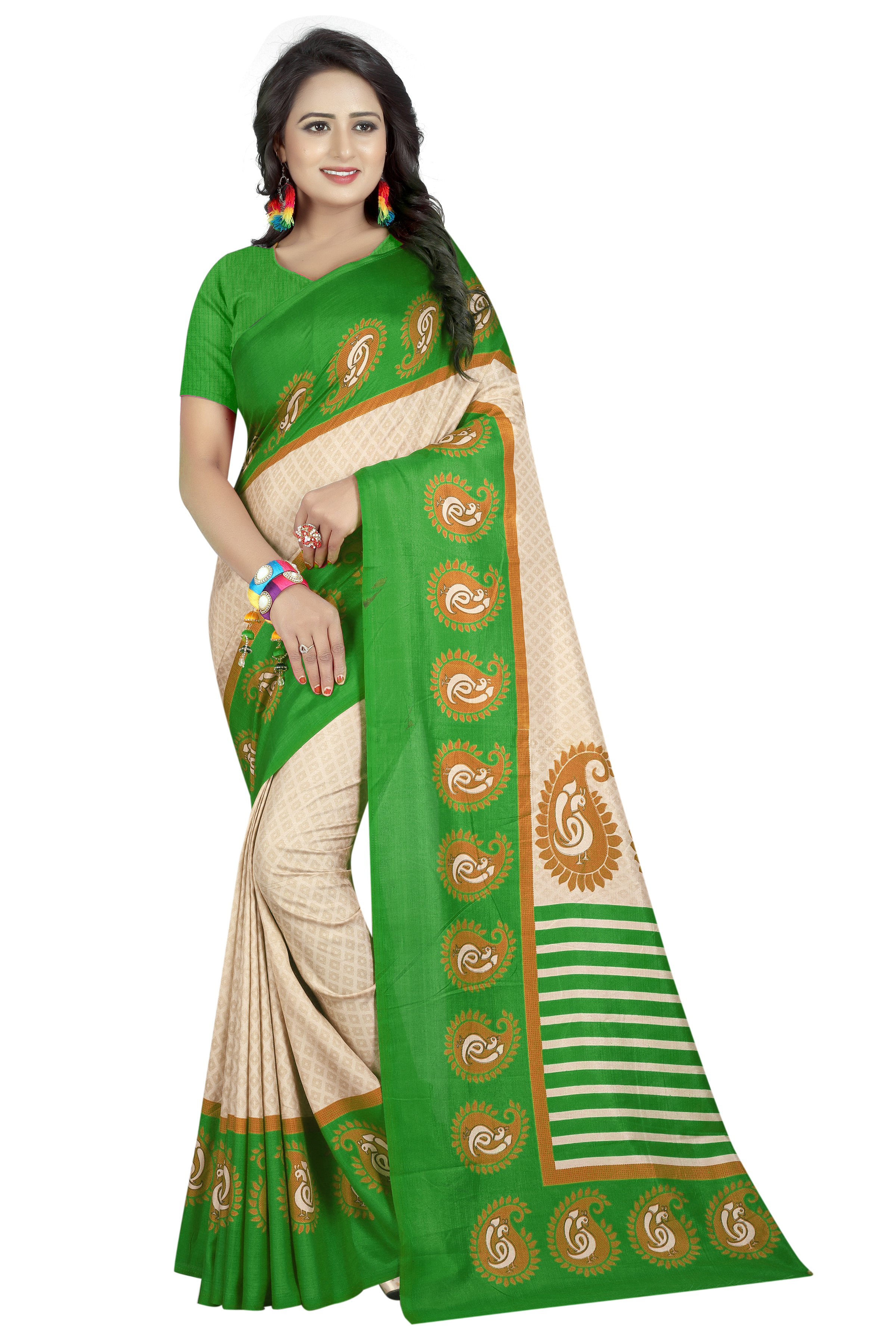 Maalgudi Saree - Art Silk, 5.5 Mtr Length, 0.8 Mtr Blouse , Yellow, Green, Blue, Red, Pink | Printed Pattern, Soft Texture, Versatile Wear