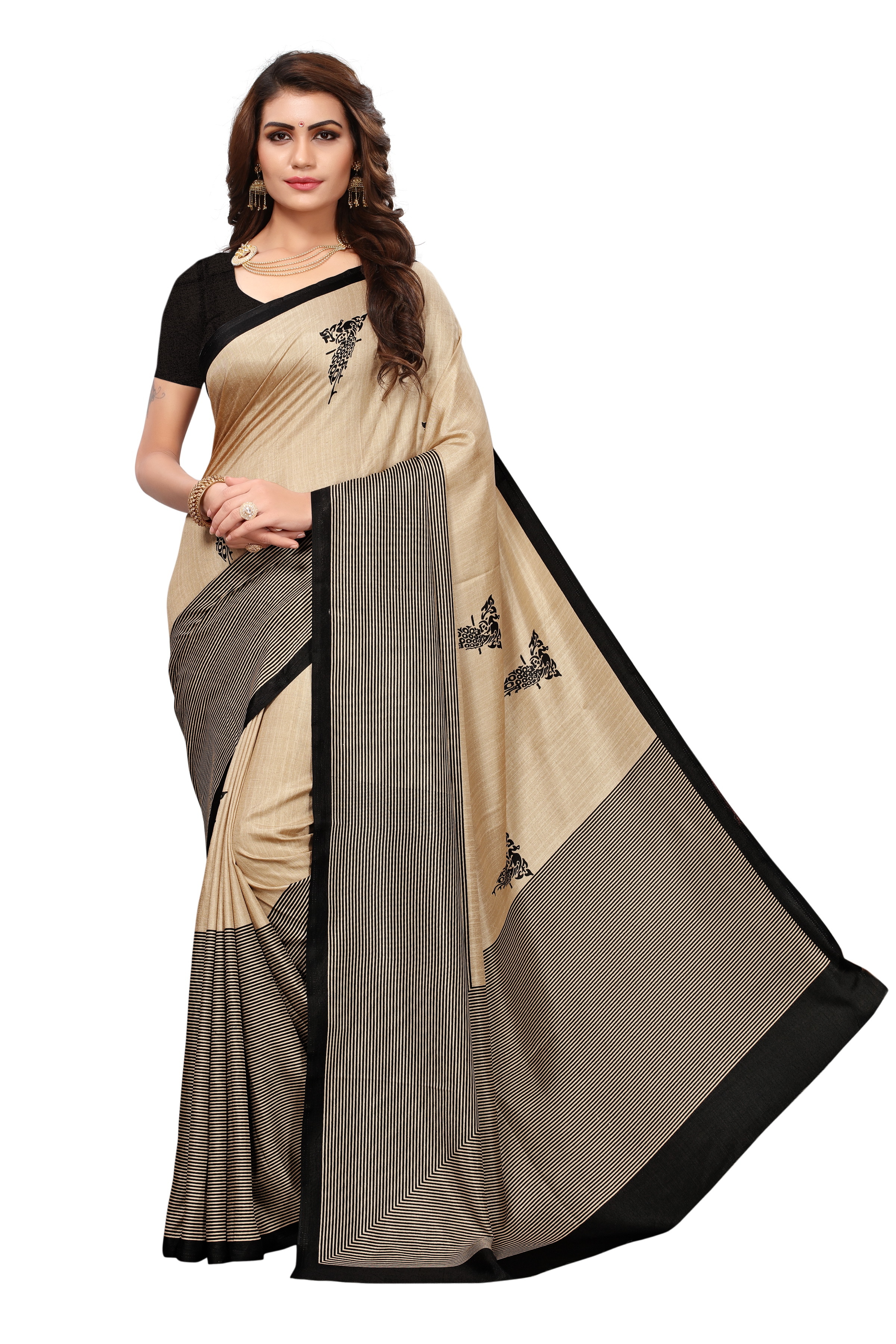 Maalgudi Silk Saree - Art Silk, 5.5 Mtr Length, 0.8 Mtr Blouse Length | Color: Orange, Black, Brown, Pink, Pattern: Printed