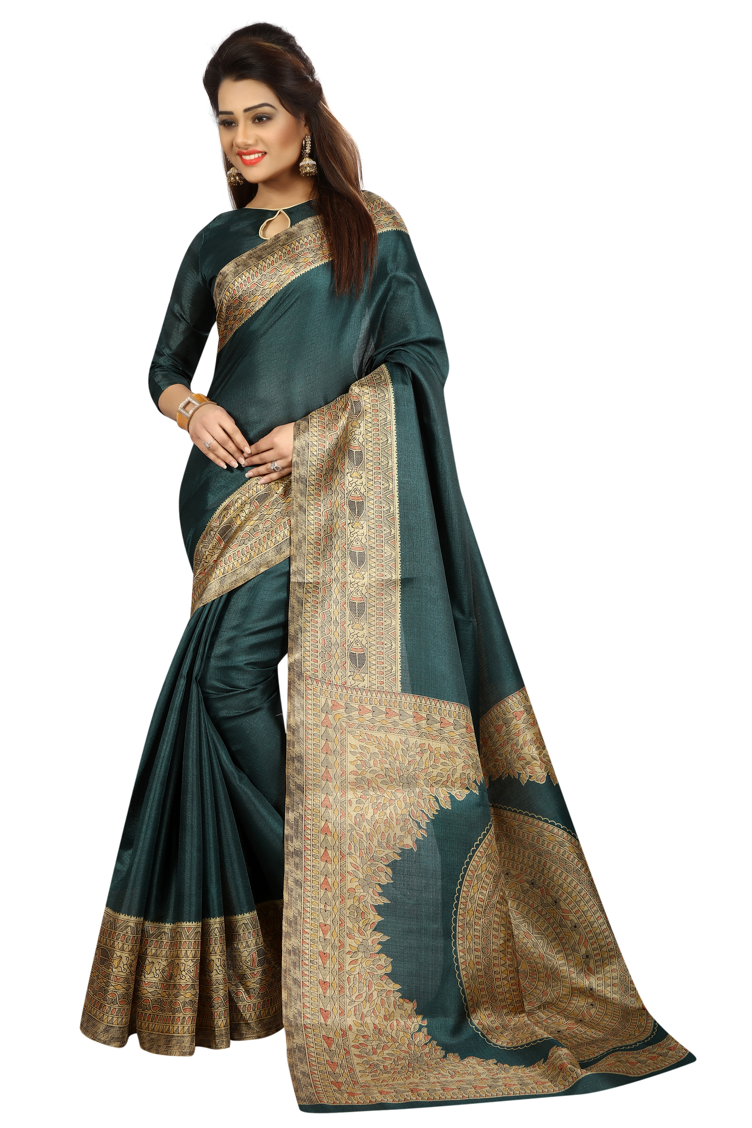 Kalamkari Silk Saree - 5.5 Mtr Length, 0.8 Mtr Blouse | Yellow, Green, Blue, Red, Pink - Printed Khadi Silk Fabric