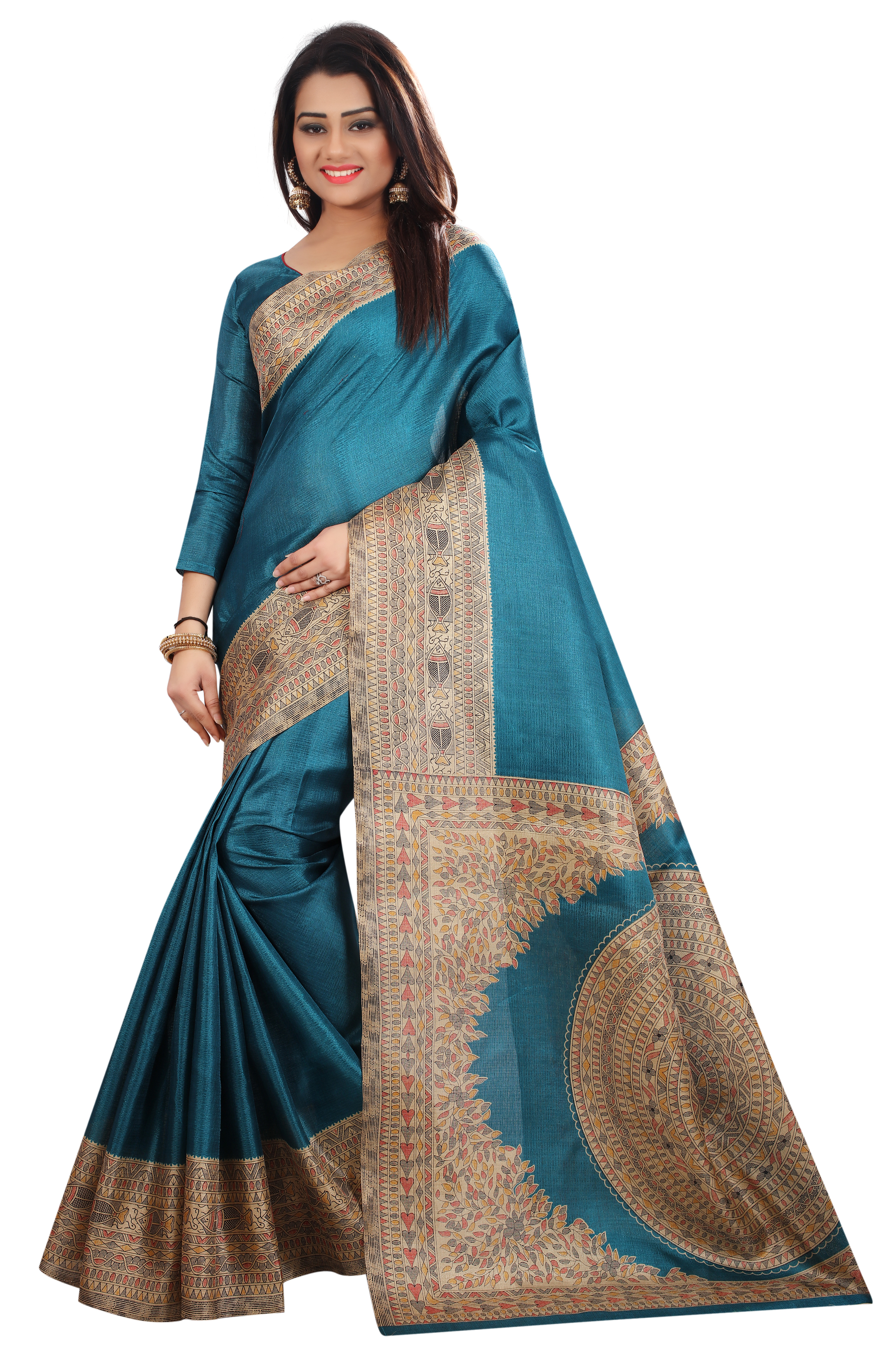 Kalamkari Silk Saree - 5.5 Mtr Length, 0.8 Mtr Blouse | Yellow, Green, Blue, Red, Pink - Printed Khadi Silk Fabric