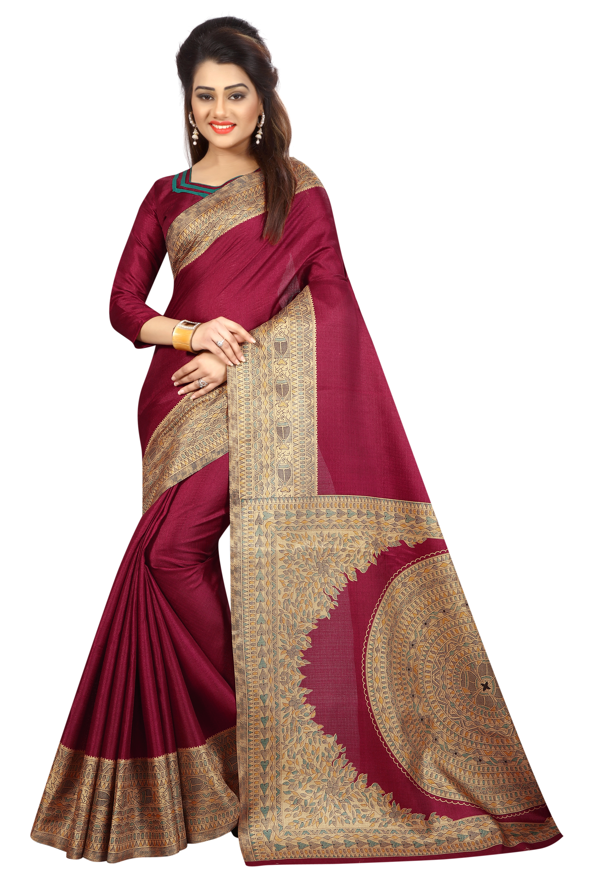 Kalamkari Silk Saree - 5.5 Mtr Length, 0.8 Mtr Blouse | Yellow, Green, Blue, Red, Pink - Printed Khadi Silk Fabric