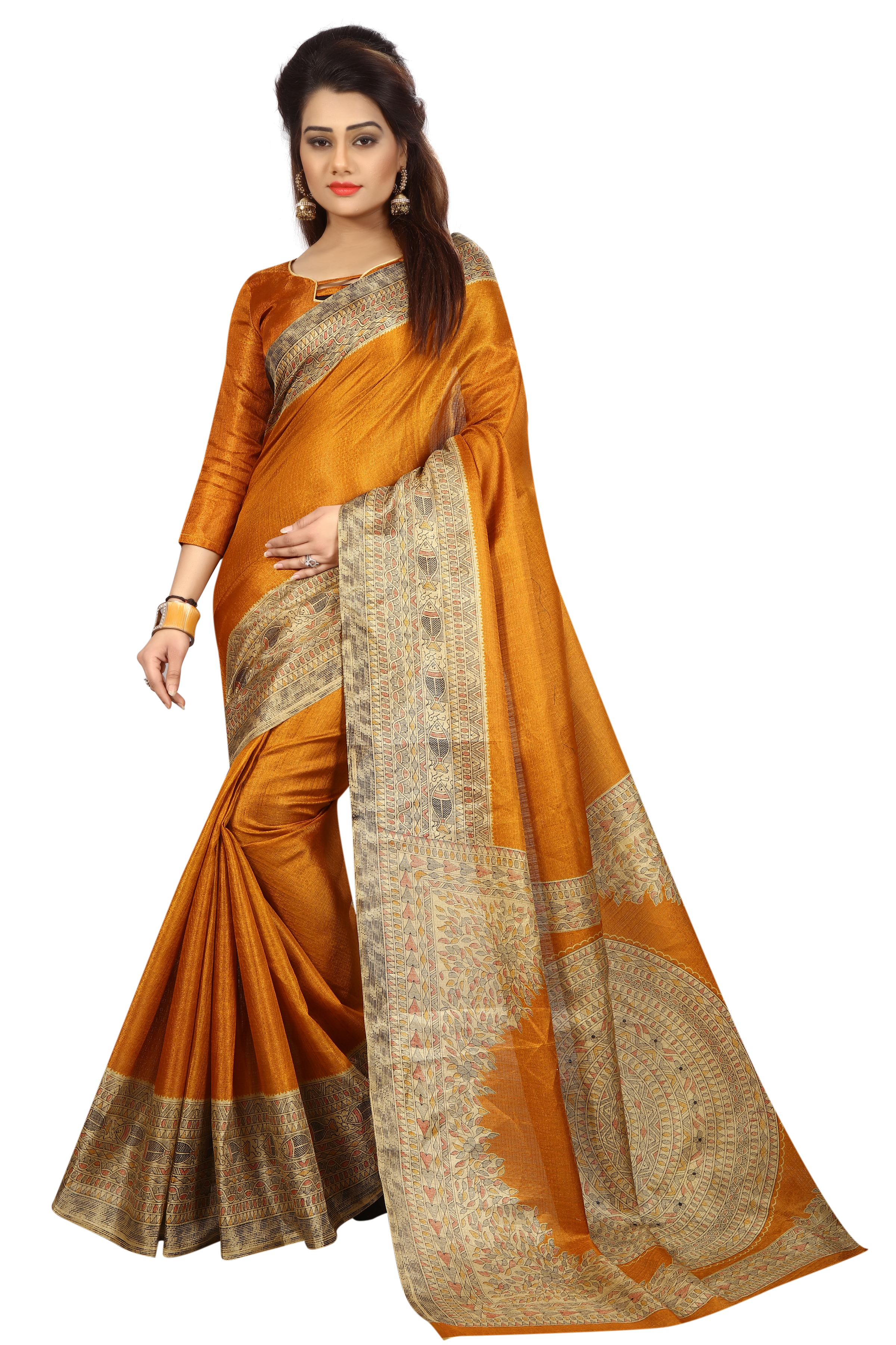 Kalamkari Silk Saree - 5.5 Mtr Length, 0.8 Mtr Blouse | Yellow, Green, Blue, Red, Pink - Printed Khadi Silk Fabric