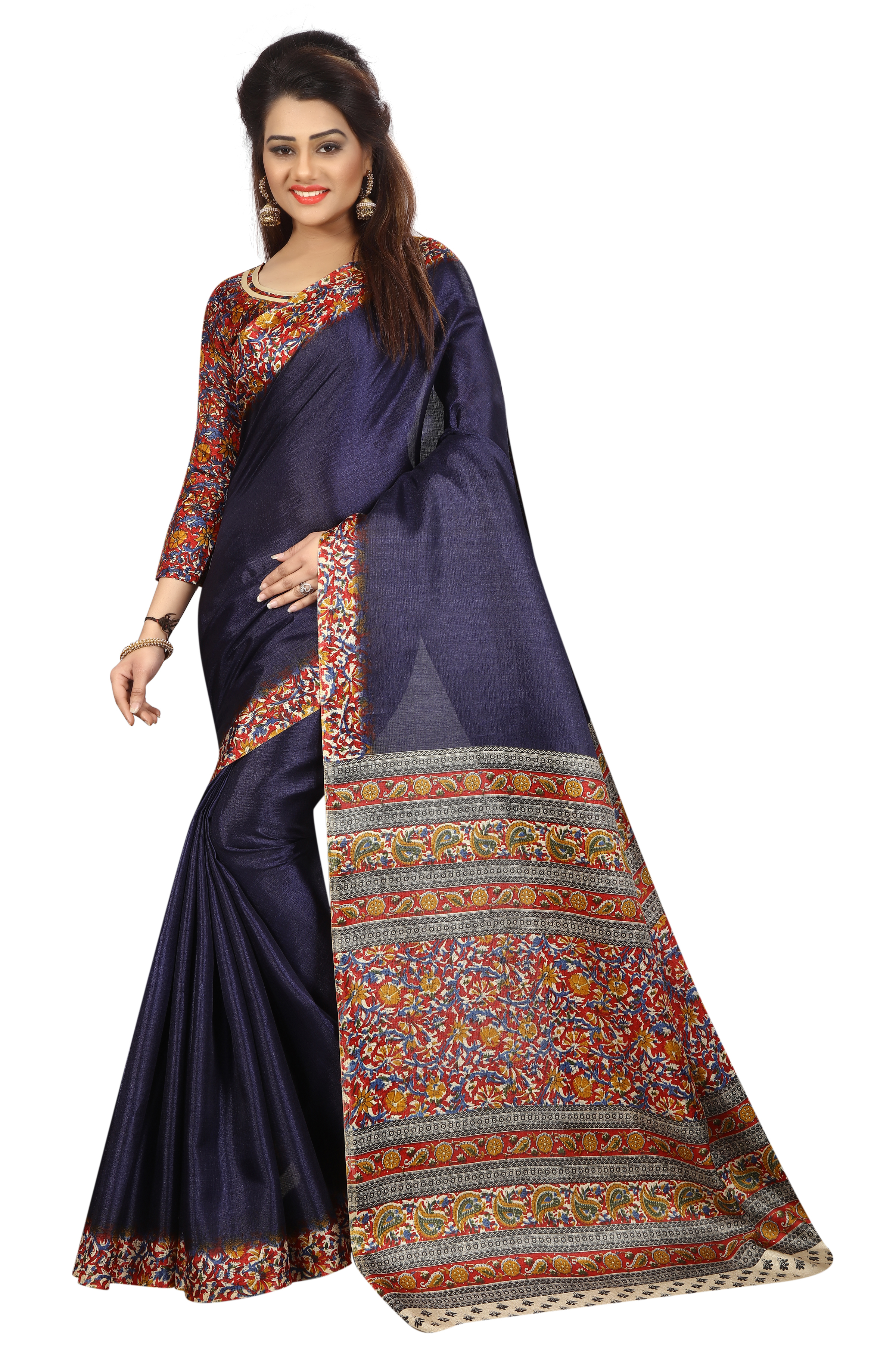Kalamkari Printed Saree - 5.5 Mtr Length, 0.8 Mtr Blouse | Art Silk, Khadi Silk, Colorful Red, Yellow, Blue, Green, Elegant Printed Pattern