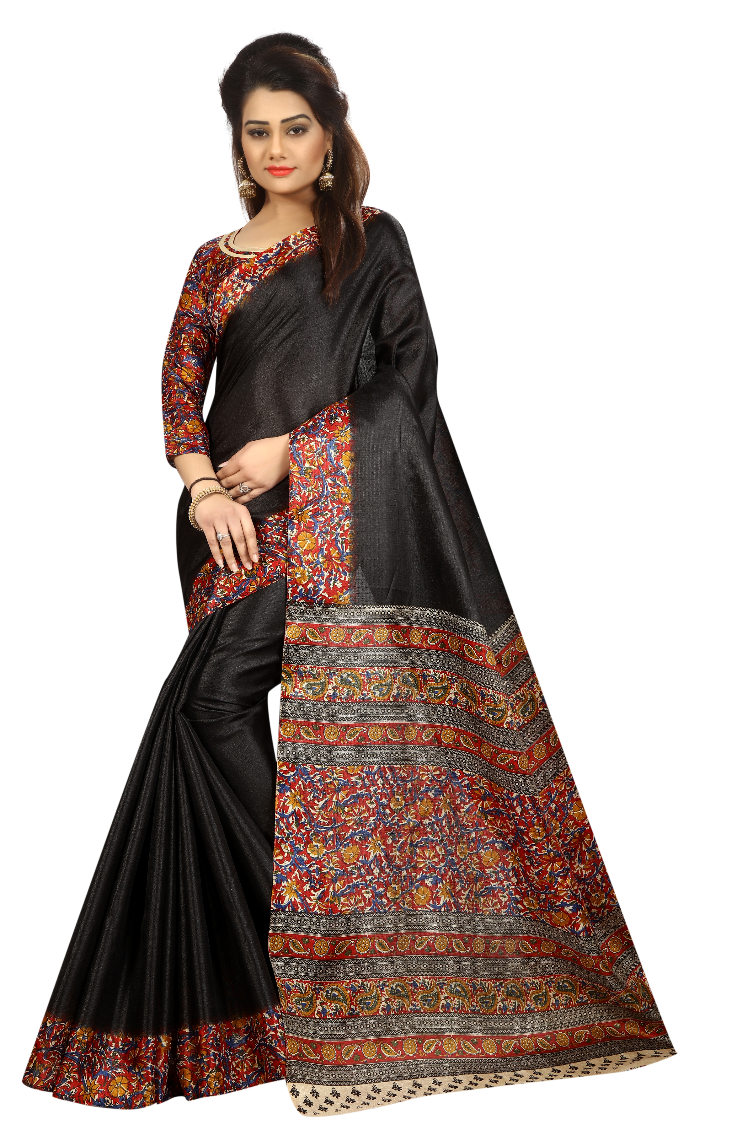 Kalamkari Printed Saree - 5.5 Mtr Length, 0.8 Mtr Blouse | Art Silk, Khadi Silk, Colorful Red, Yellow, Blue, Green, Elegant Printed Pattern