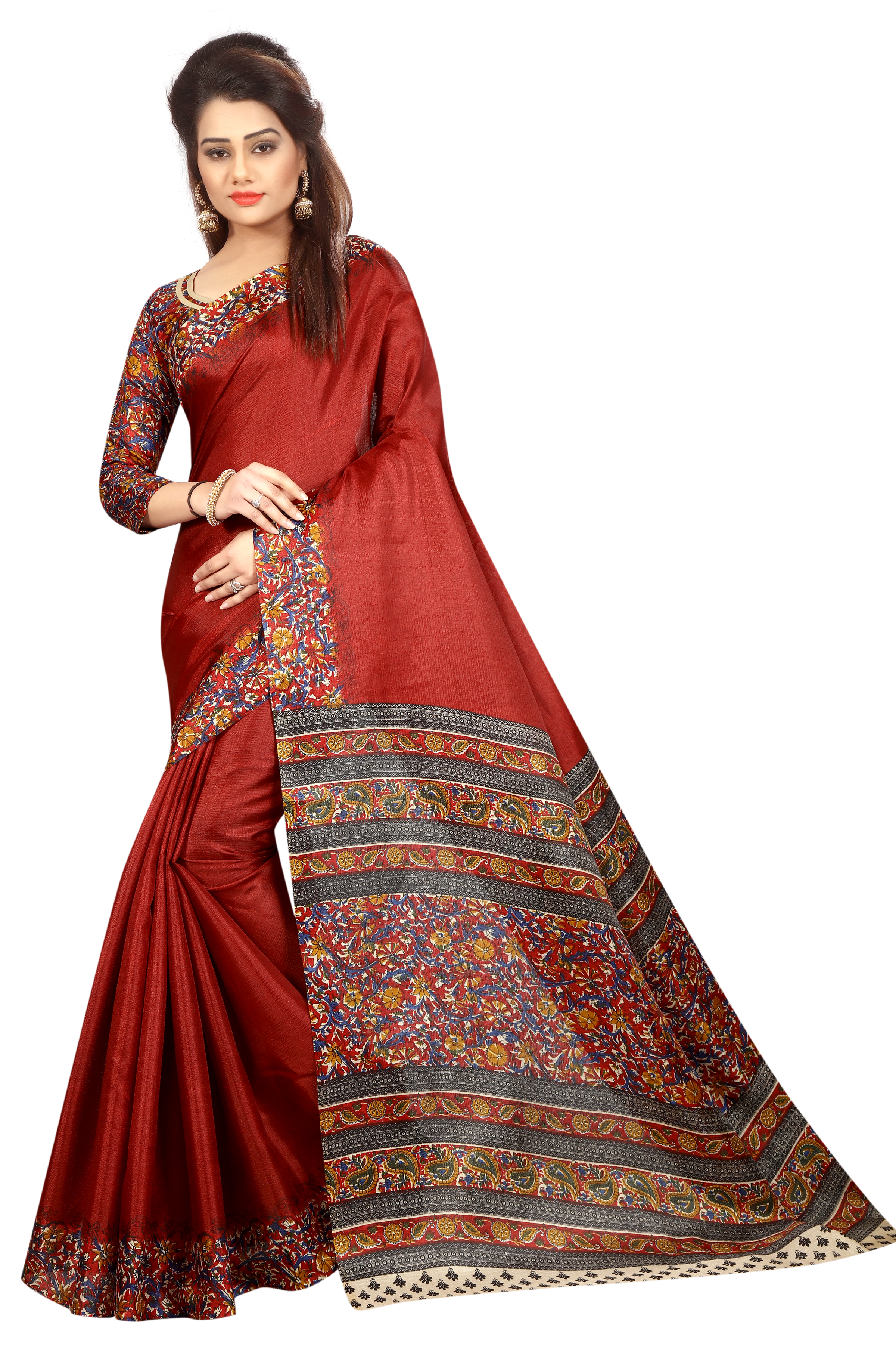 Kalamkari Printed Saree - 5.5 Mtr Length, 0.8 Mtr Blouse | Art Silk, Khadi Silk, Colorful Red, Yellow, Blue, Green, Elegant Printed Pattern