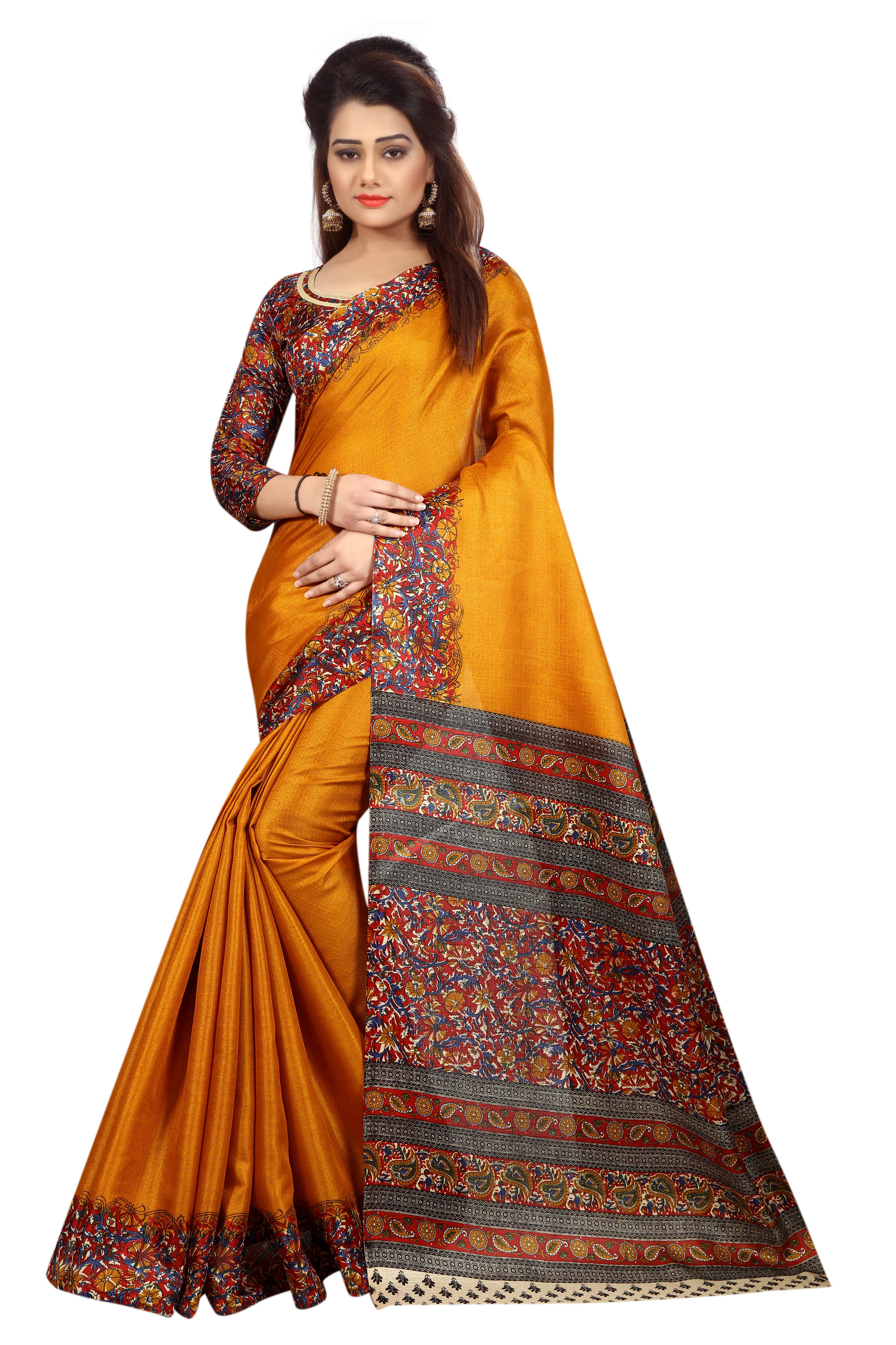 Kalamkari Printed Saree - 5.5 Mtr Length, 0.8 Mtr Blouse | Art Silk, Khadi Silk, Colorful Red, Yellow, Blue, Green, Elegant Printed Pattern