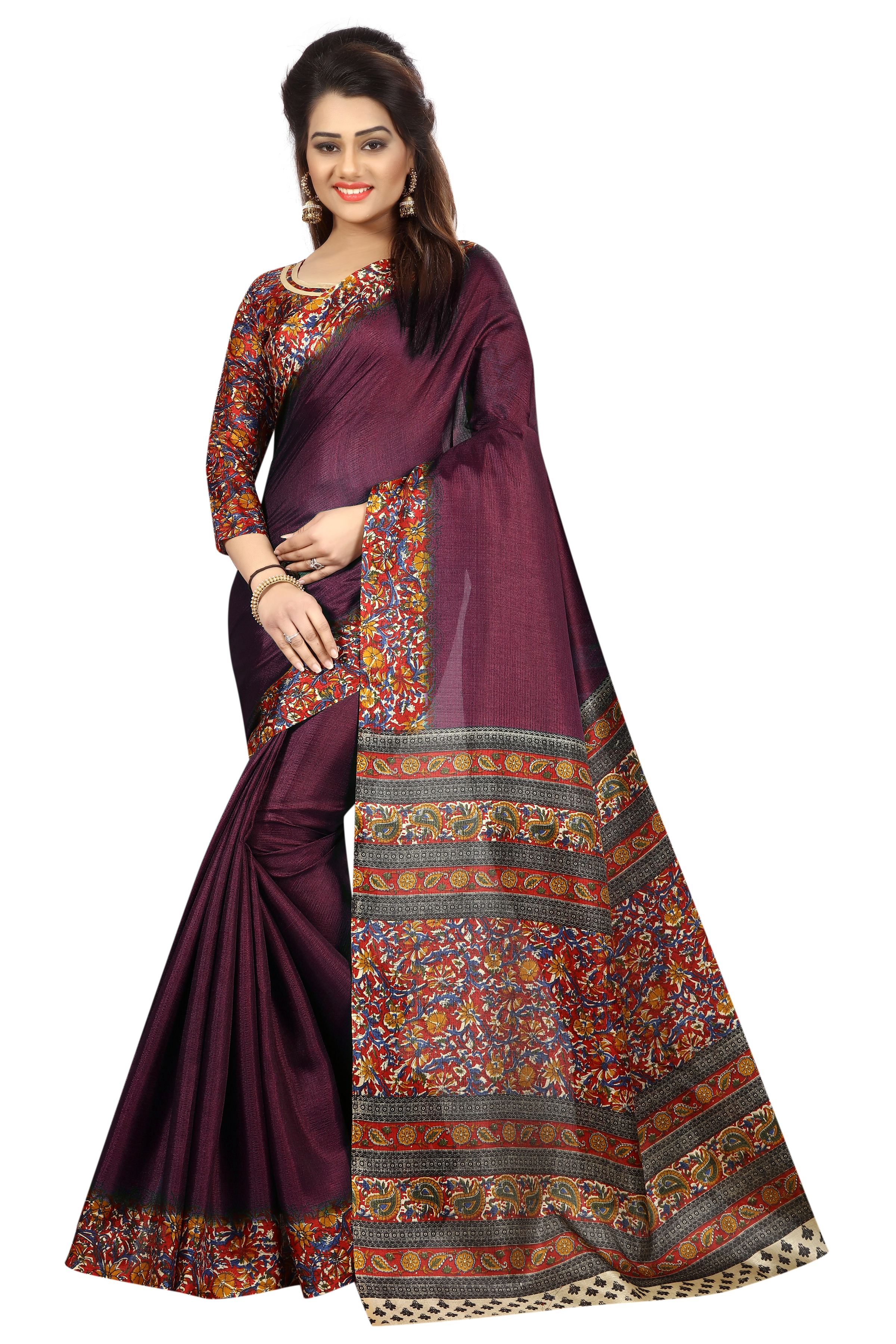 Kalamkari Printed Saree - 5.5 Mtr Length, 0.8 Mtr Blouse | Art Silk, Khadi Silk, Colorful Red, Yellow, Blue, Green, Elegant Printed Pattern