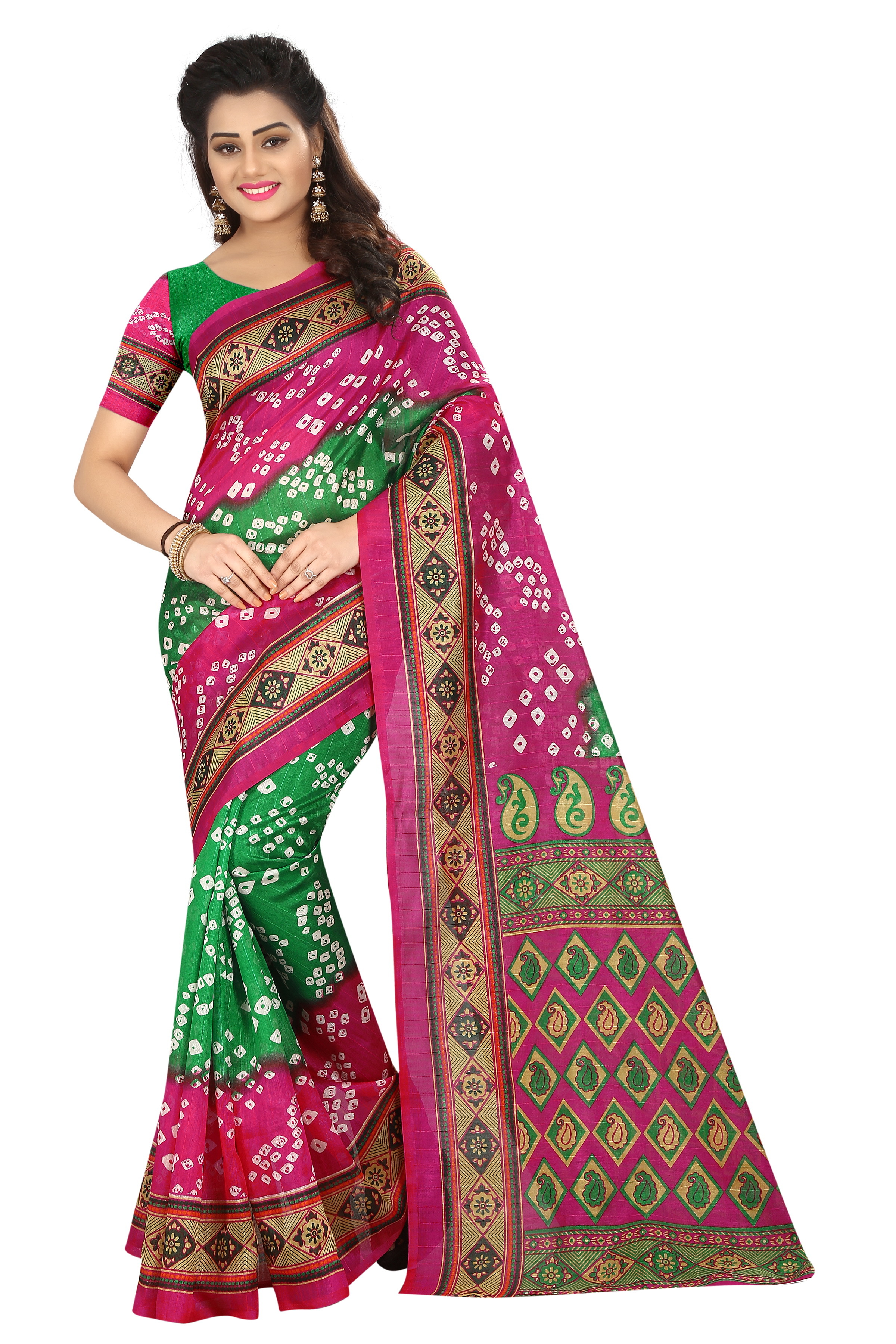 Bhagalpuri Fancy Designer Sarees - Bhagalpuri Silk 5.5 Mtr Length 0.8 Mtr Blouse | Printed Patterns Available In Yellow Green Blue Red Pink