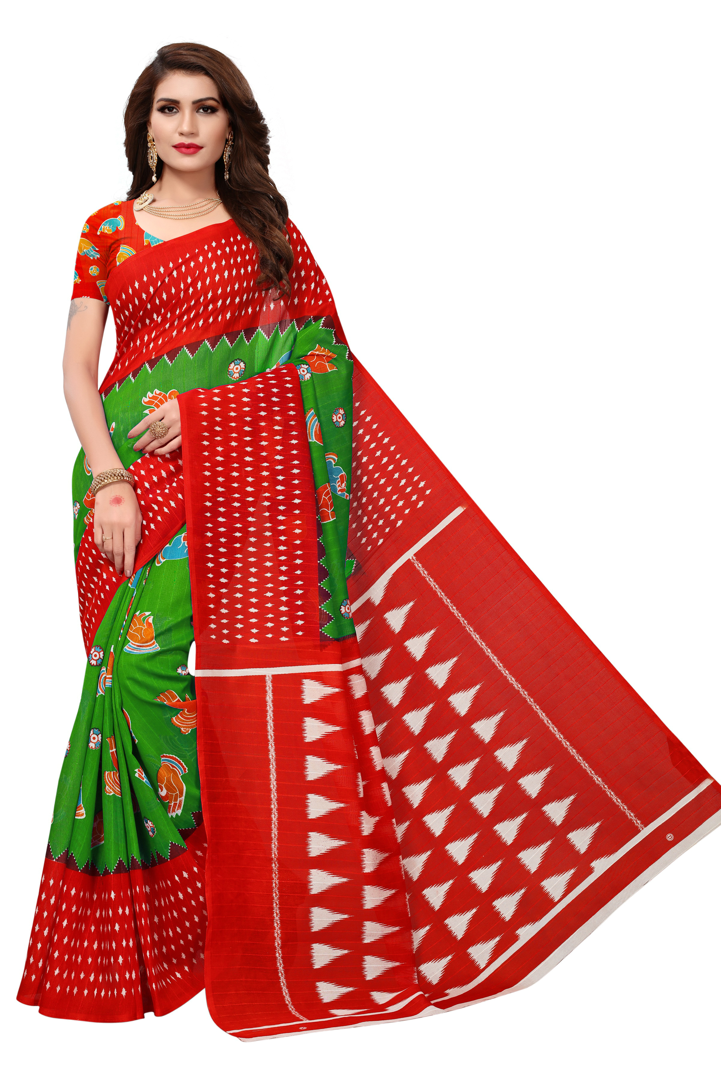 Bhagalpuri Printed Sarees - Cotton Silk 5.5 Mtr Length 0.8 Mtr Blouse Red Yellow Brown Orange Green | Printed Pattern Suited For Various Occasions