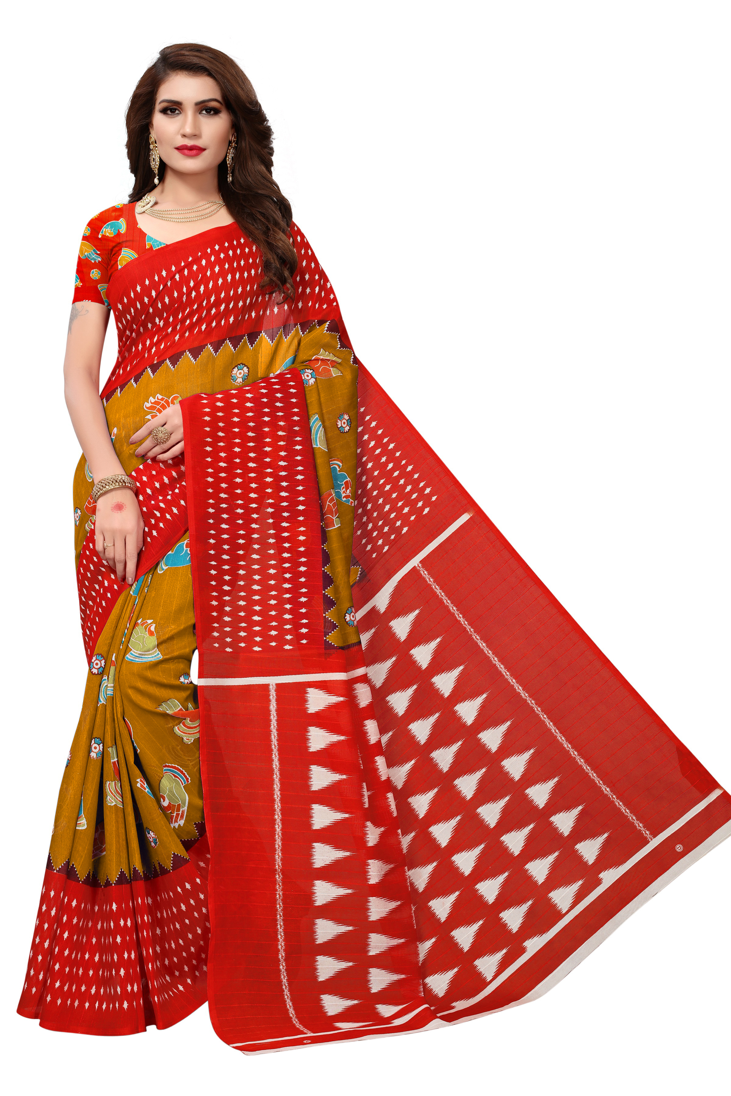 Bhagalpuri Printed Sarees - Cotton Silk 5.5 Mtr Length 0.8 Mtr Blouse Red Yellow Brown Orange Green | Printed Pattern Suited For Various Occasions