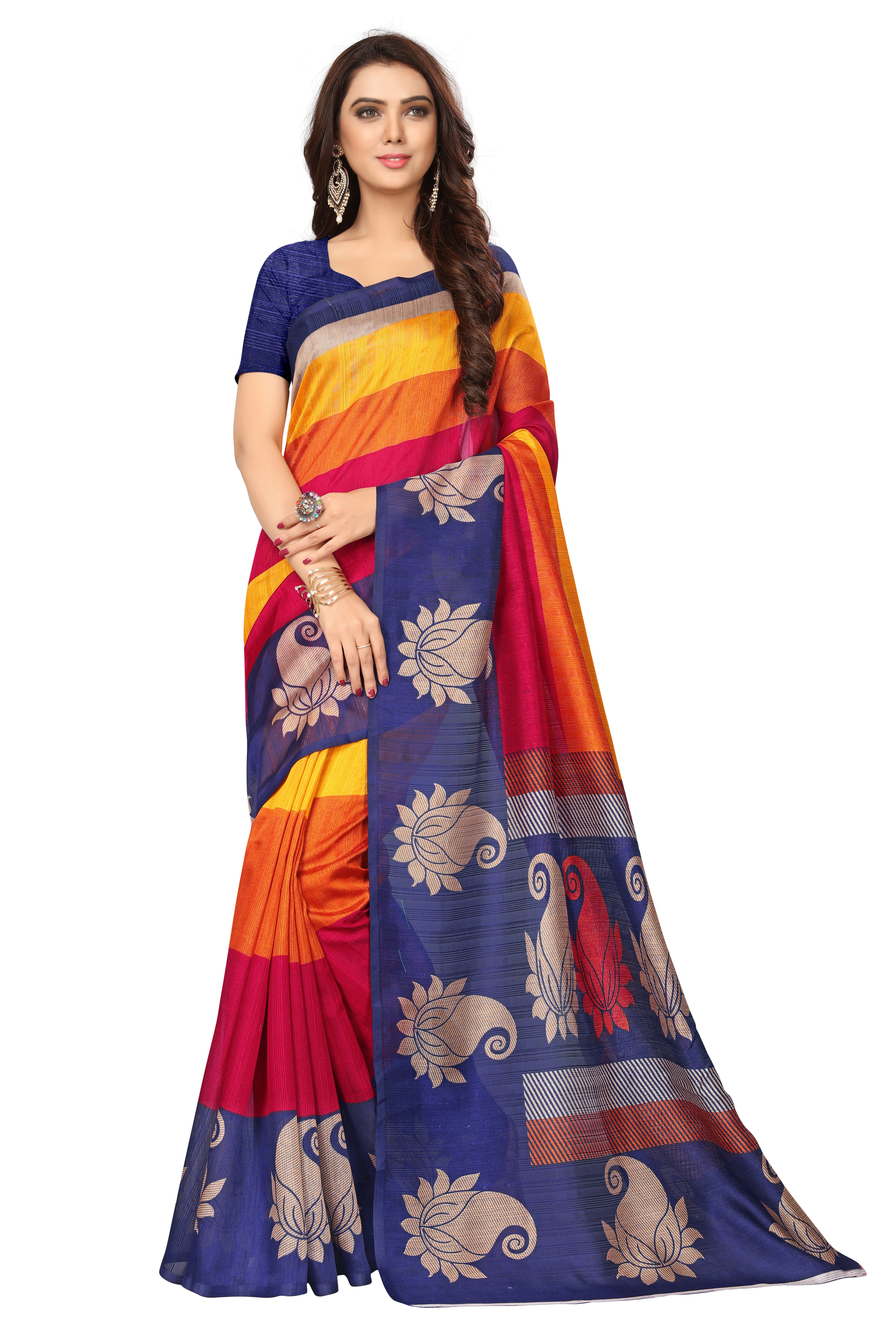 Bhagalpuri Printed Sarees - Cotton Silk 5.5 Mtr Length 0.8 Mtr Blouse Red Yellow Brown Orange Green | Printed Pattern Suited For Various Occasions