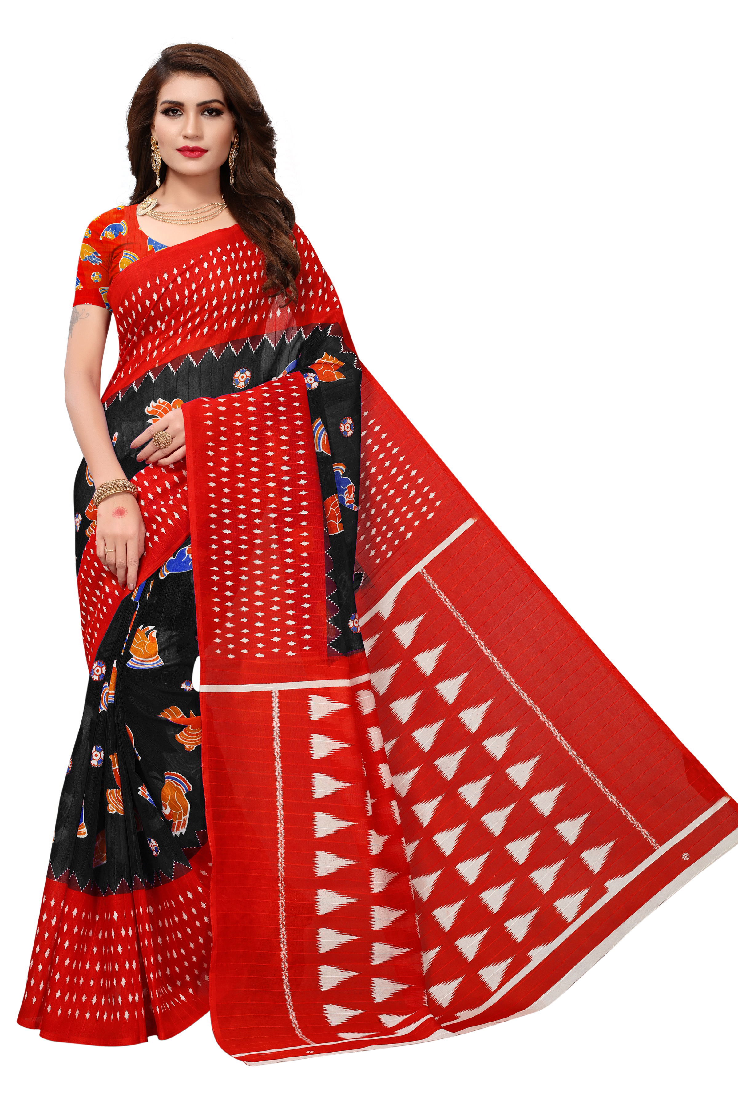 Bhagalpuri Printed Sarees - Cotton Silk 5.5 Mtr Length 0.8 Mtr Blouse Red Yellow Brown Orange Green | Printed Pattern Suited For Various Occasions