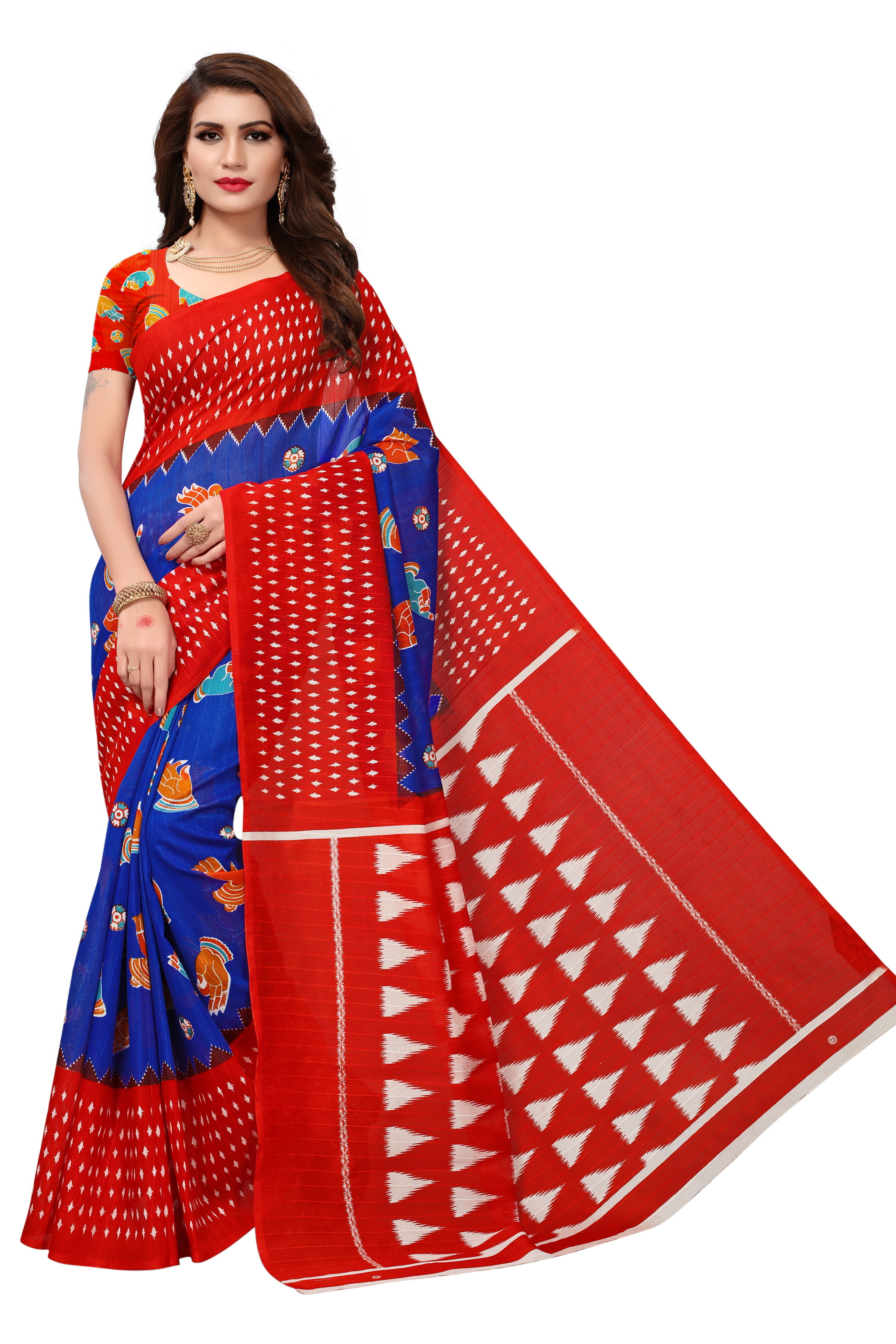 Bhagalpuri Printed Sarees - Cotton Silk 5.5 Mtr Length 0.8 Mtr Blouse Red Yellow Brown Orange Green | Printed Pattern Suited For Various Occasions