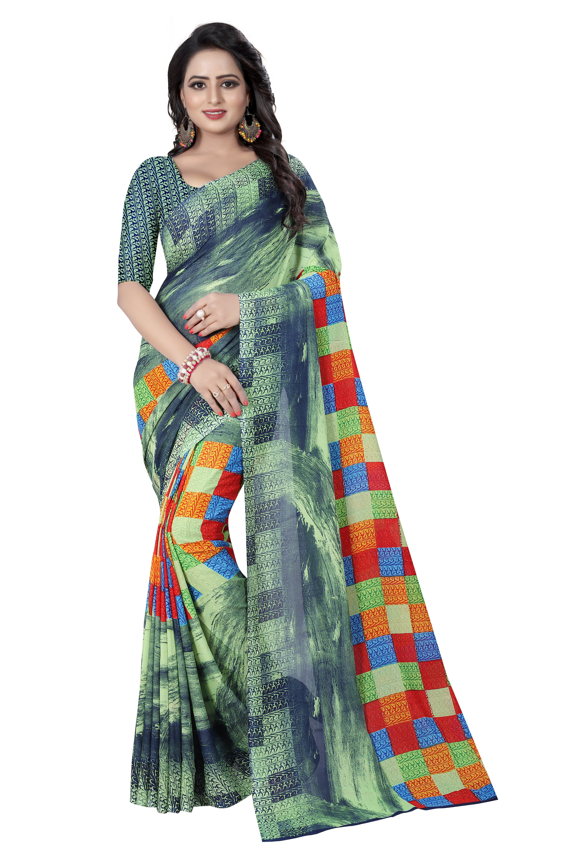 Georgette Silk Saree - 5.5 Mtr Length, 0.8 Mtr Blouse | Art Silk, Printed Design, Available In Red, Black, Yellow, Blue