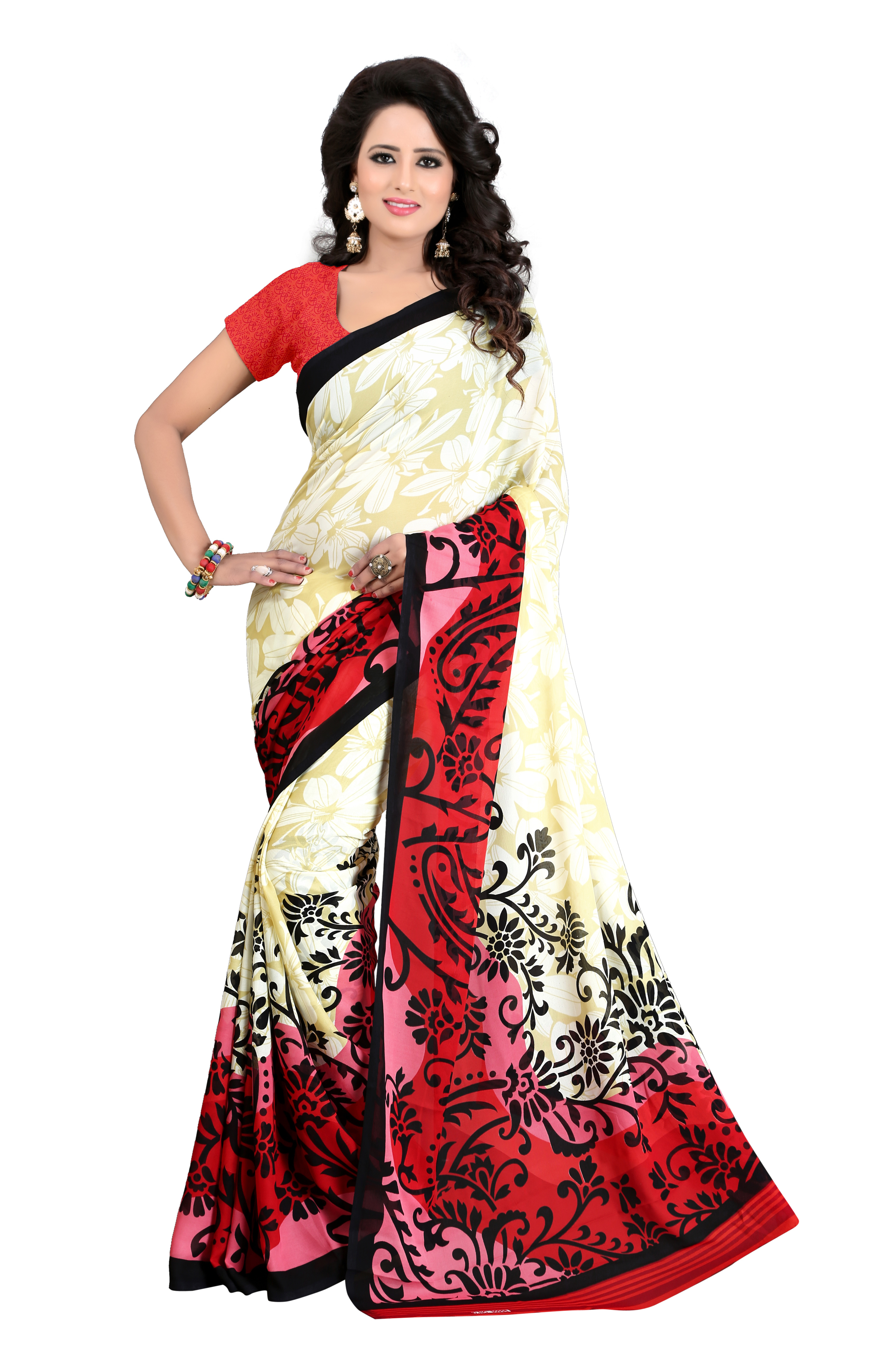 Georgette Silk Saree - 5.5 Mtr Length, 0.8 Mtr Blouse | Art Silk, Printed Design, Available In Red, Black, Yellow, Blue