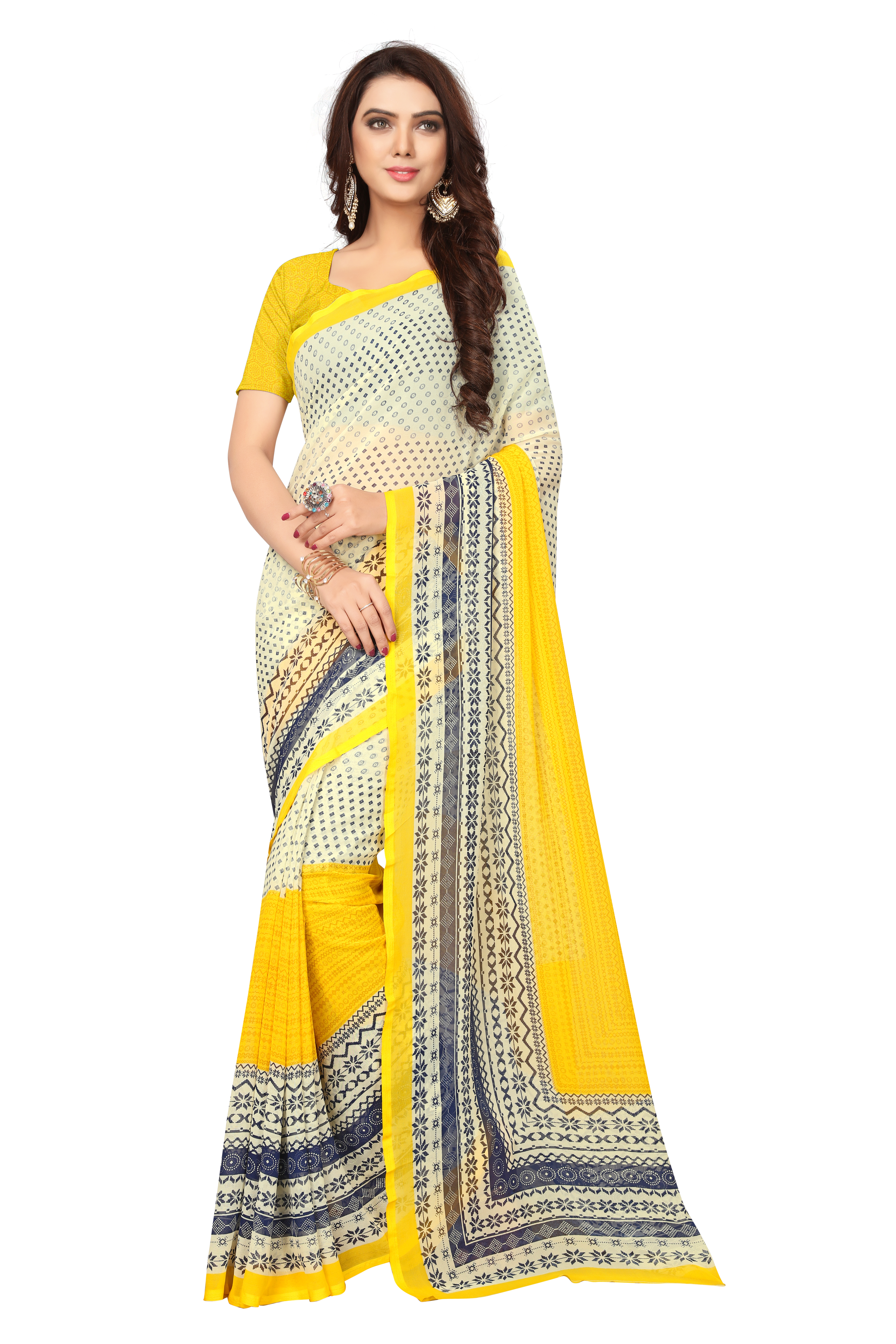 Georgette Silk Saree - 5.5 Mtr Length, 0.8 Mtr Blouse | Art Silk, Printed Design, Available In Red, Black, Yellow, Blue