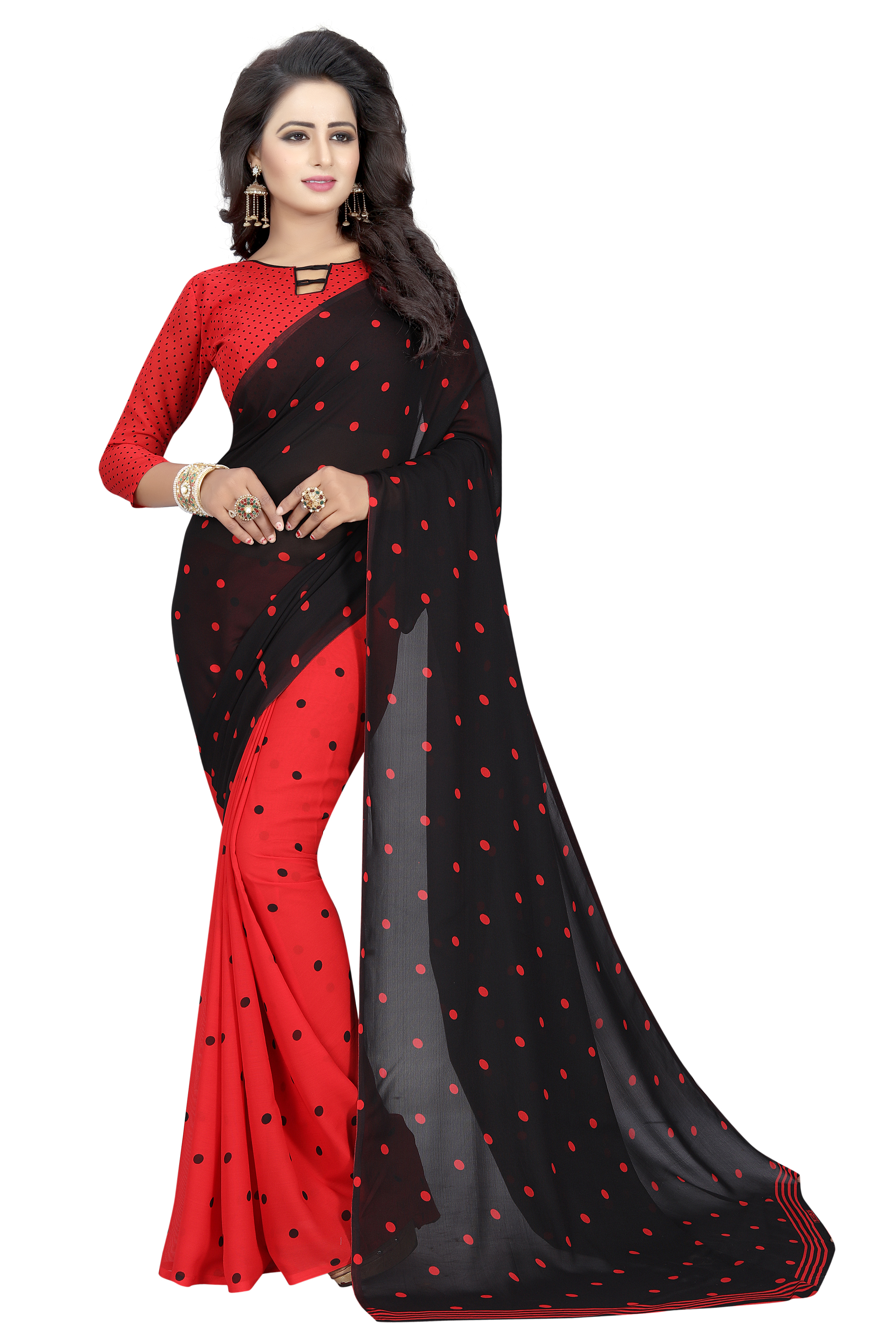 Georgette Silk Saree - 5.5 Mtr Length, 0.8 Mtr Blouse | Art Silk, Printed Design, Available In Red, Black, Yellow, Blue