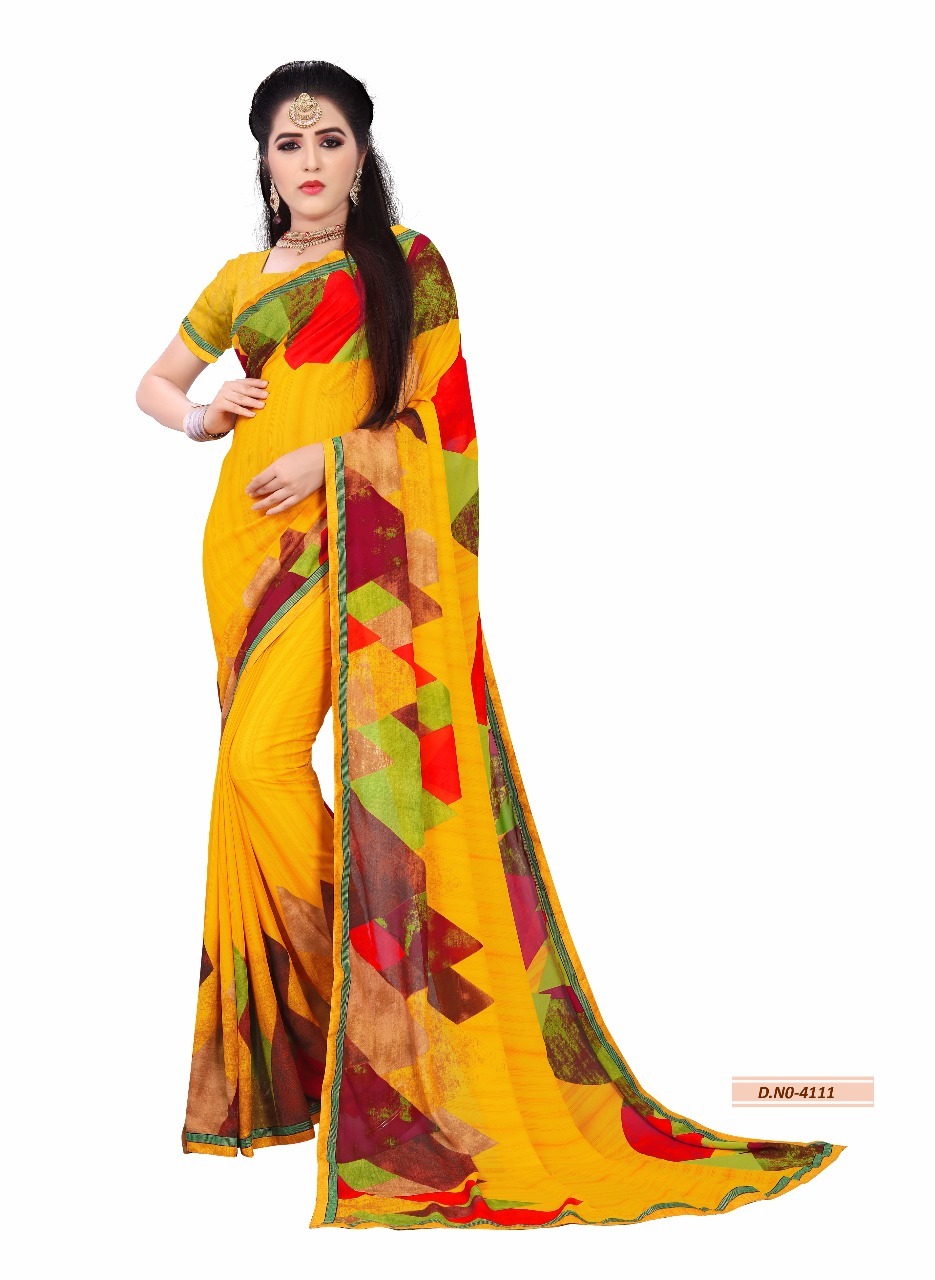 Georgette Saree - 5.5 Mtr Length, 0.8 Mtr Blouse | Black, Blue, Green, Red, Yellow, Lace Closure, Printed Pattern, Georgette Silk Material