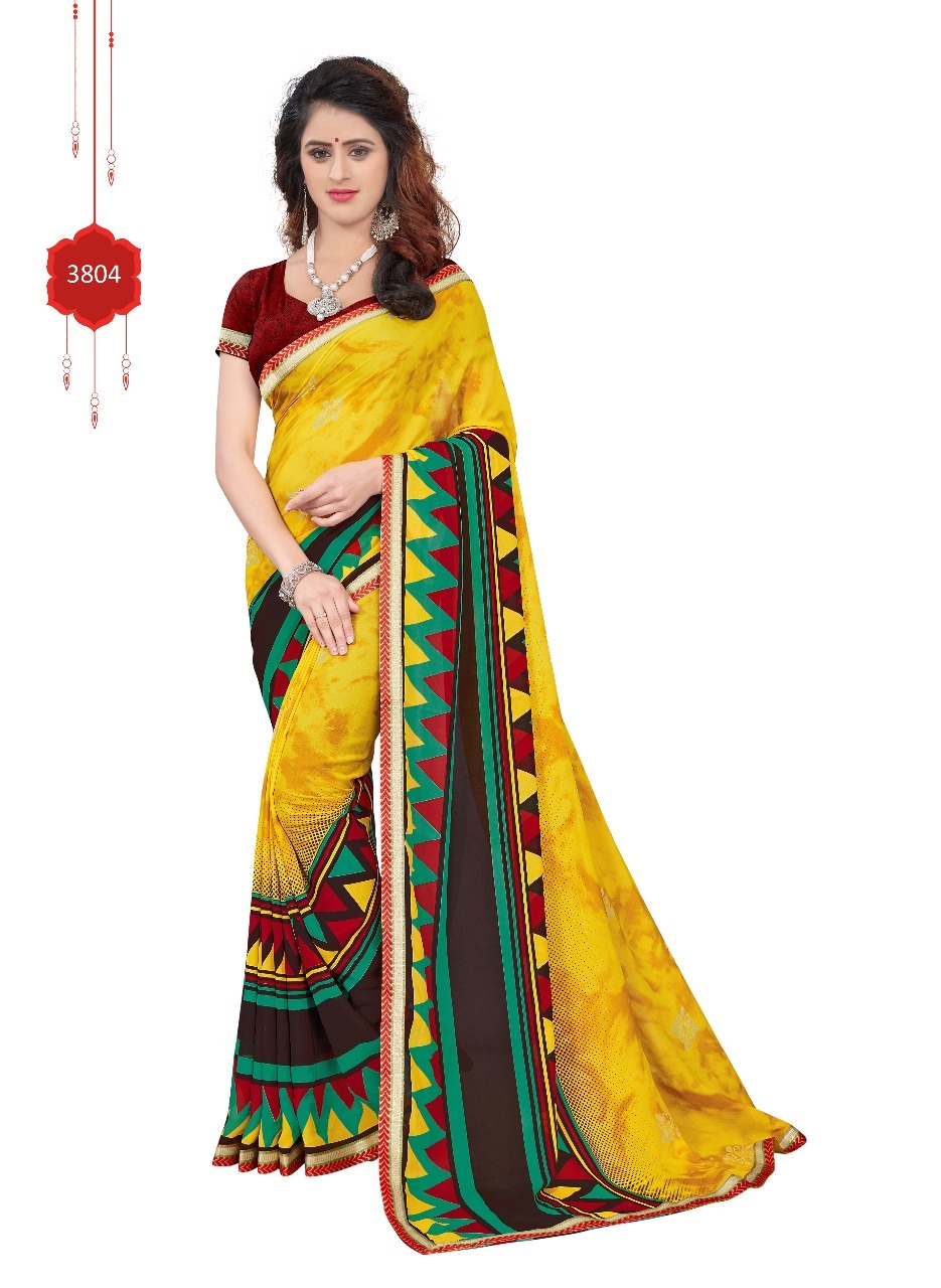 Georgette Saree - 5.5 Mtr Length, 0.8 Mtr Blouse | Black, Blue, Green, Red, Yellow, Lace Closure, Printed Pattern, Georgette Silk Material