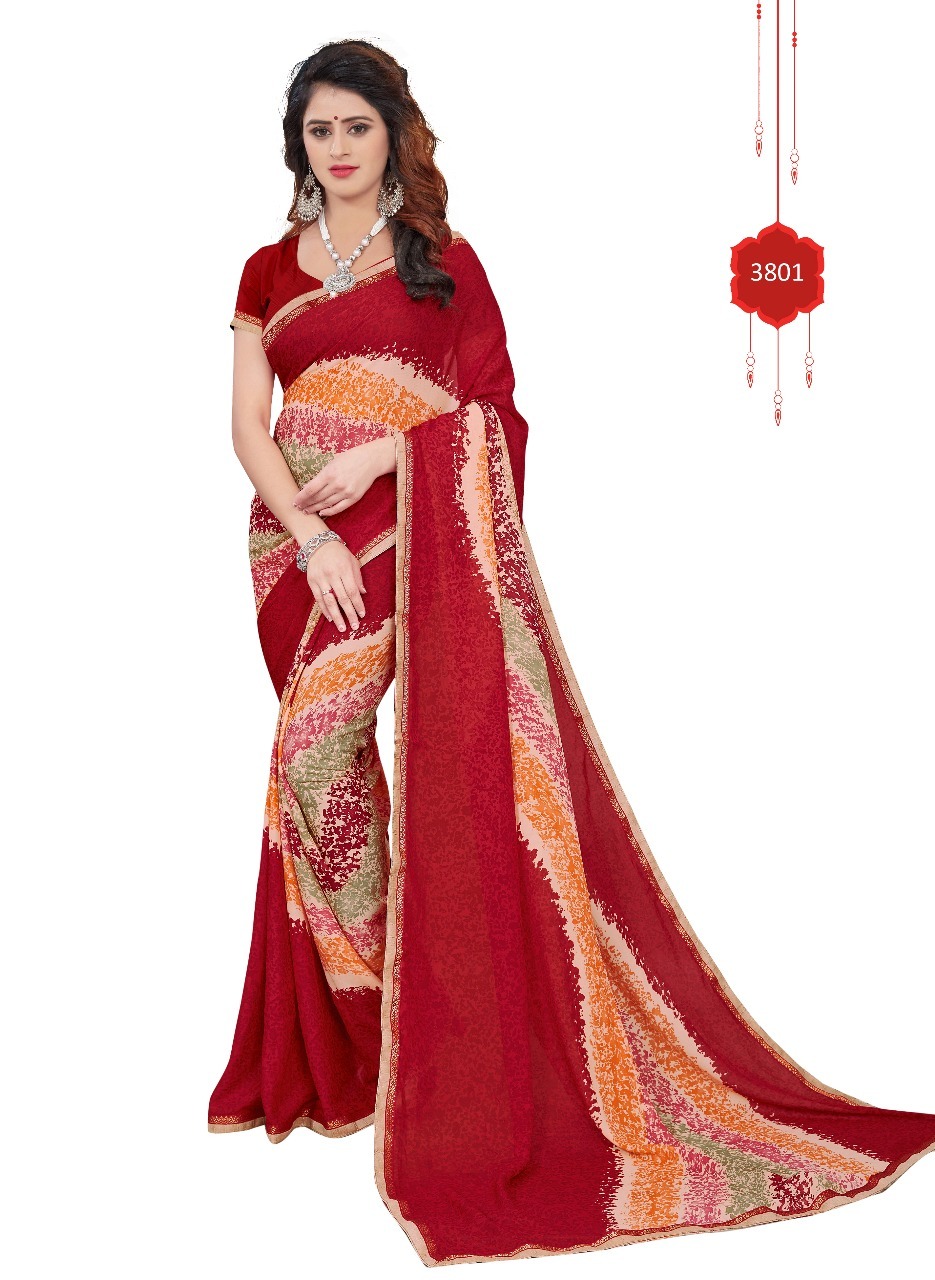 Georgette Saree - 5.5 Mtr Length, 0.8 Mtr Blouse | Black, Blue, Green, Red, Yellow, Lace Closure, Printed Pattern, Georgette Silk Material