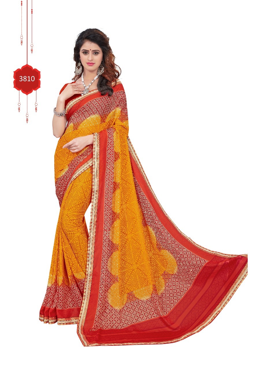 Georgette Saree - 5.5 Mtr Length, 0.8 Mtr Blouse | Black, Blue, Green, Red, Yellow, Lace Closure, Printed Pattern, Georgette Silk Material