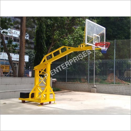 Outdoor Basketball Pole - Steel, 10-12 ft Height, Yellow Color, 100-200kg Weight, Wheeled Base, Tempered Glass Backboard | Ideal for Outdoor Games and Training Sessions