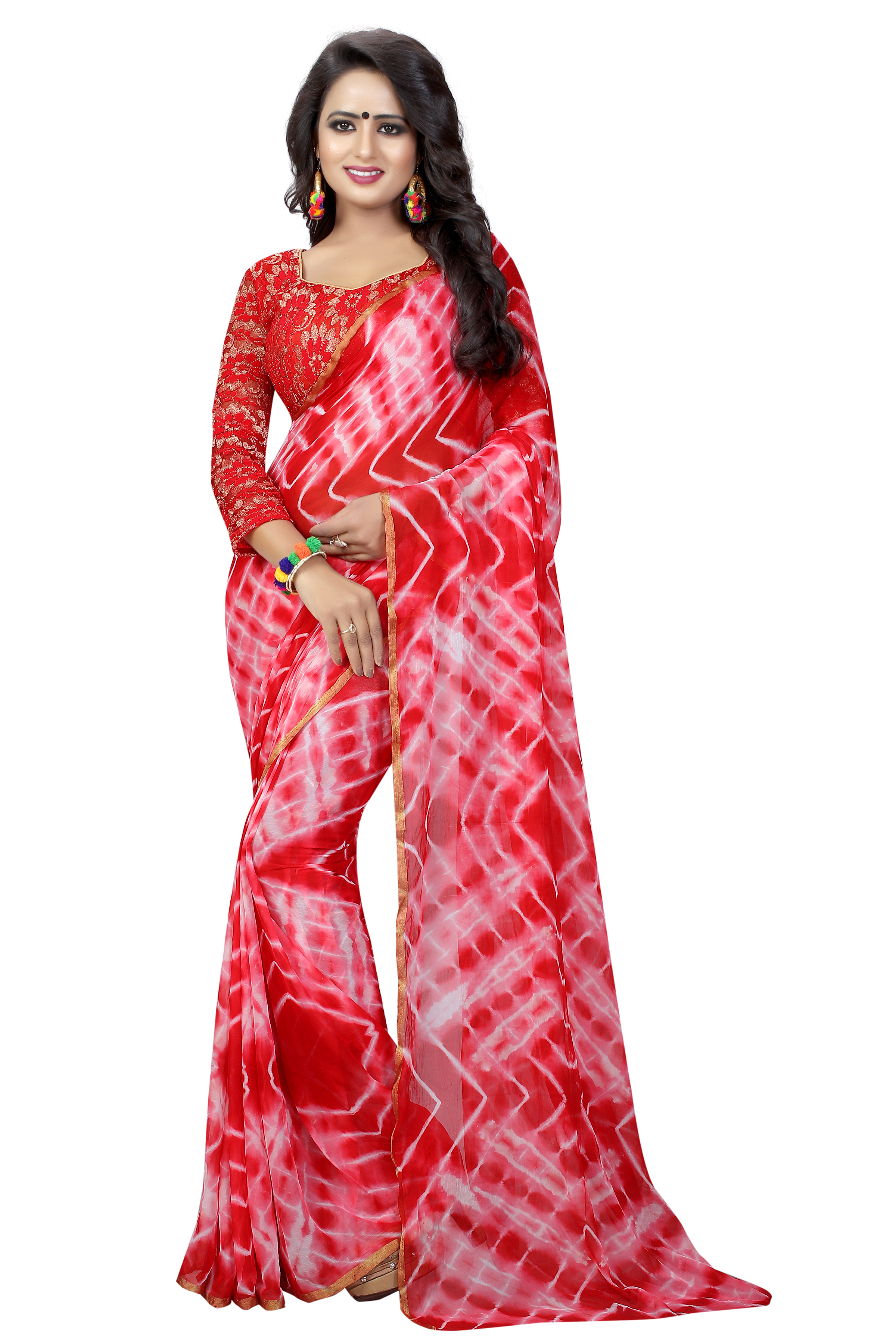 Chiffon Printed Sarees - Chiffon Silk, 5.5 Mtr Length, 0.8 Mtr Blouse | Features Sky Blue, Lemon, Shibori, Sprinkle Red, Art Silk Material