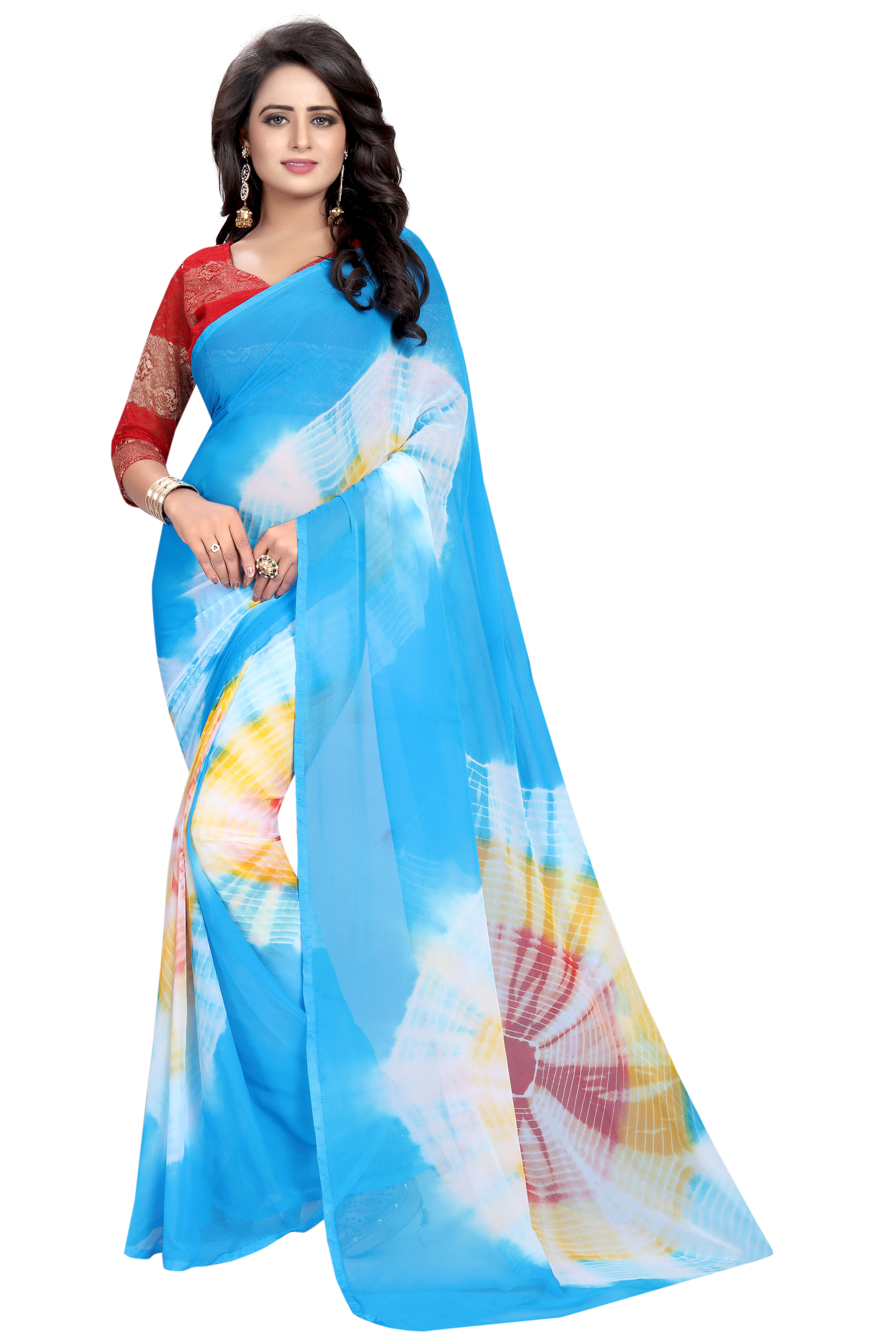 Chiffon Printed Sarees - Chiffon Silk, 5.5 Mtr Length, 0.8 Mtr Blouse | Features Sky Blue, Lemon, Shibori, Sprinkle Red, Art Silk Material