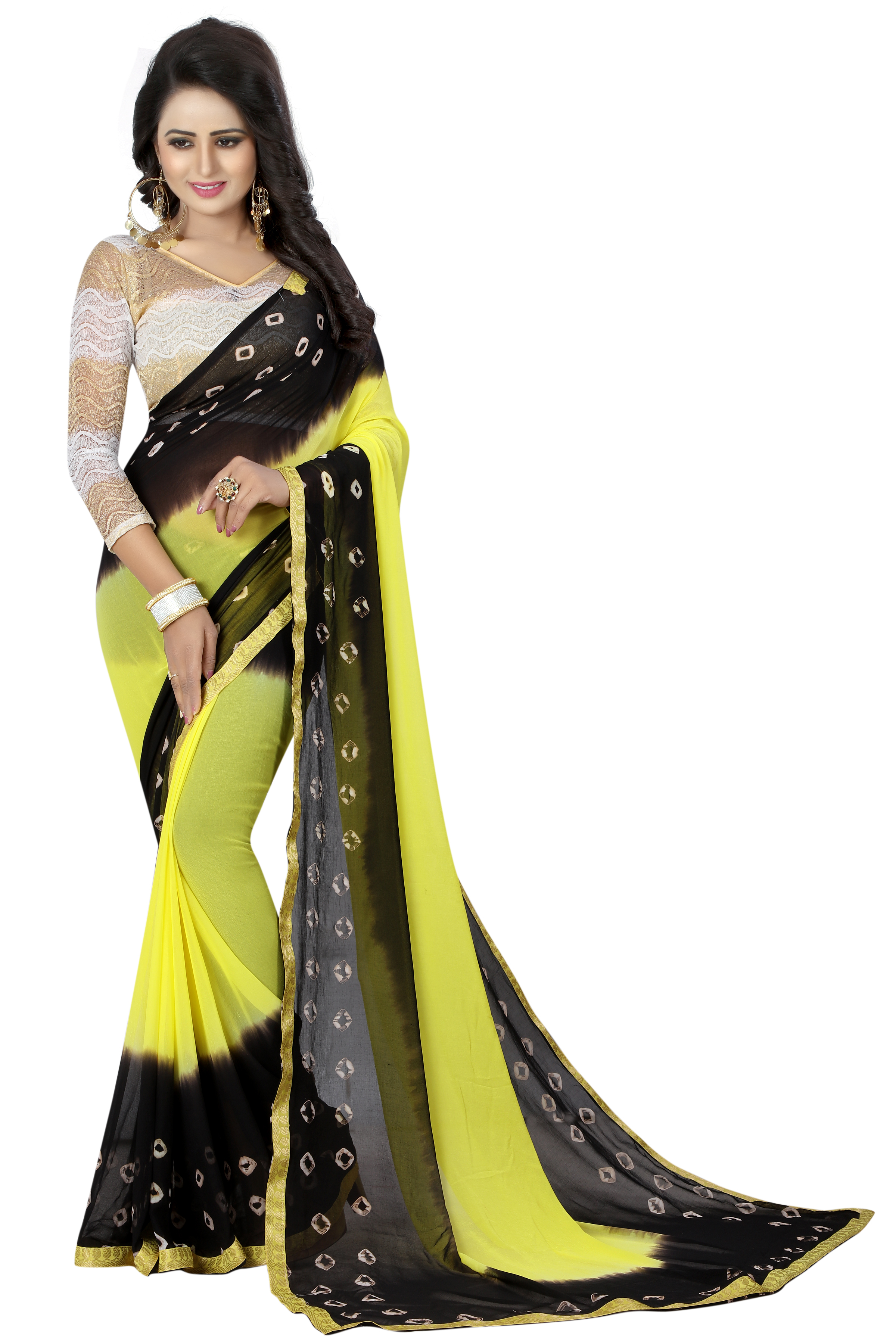 Chiffon Silk Sarees - 5.5 Mtr Length, 0.8 Mtr Blouse | Printed Patterns In Pista, Black, Black Red, Black Yellow, Luxurious Silk Comfort