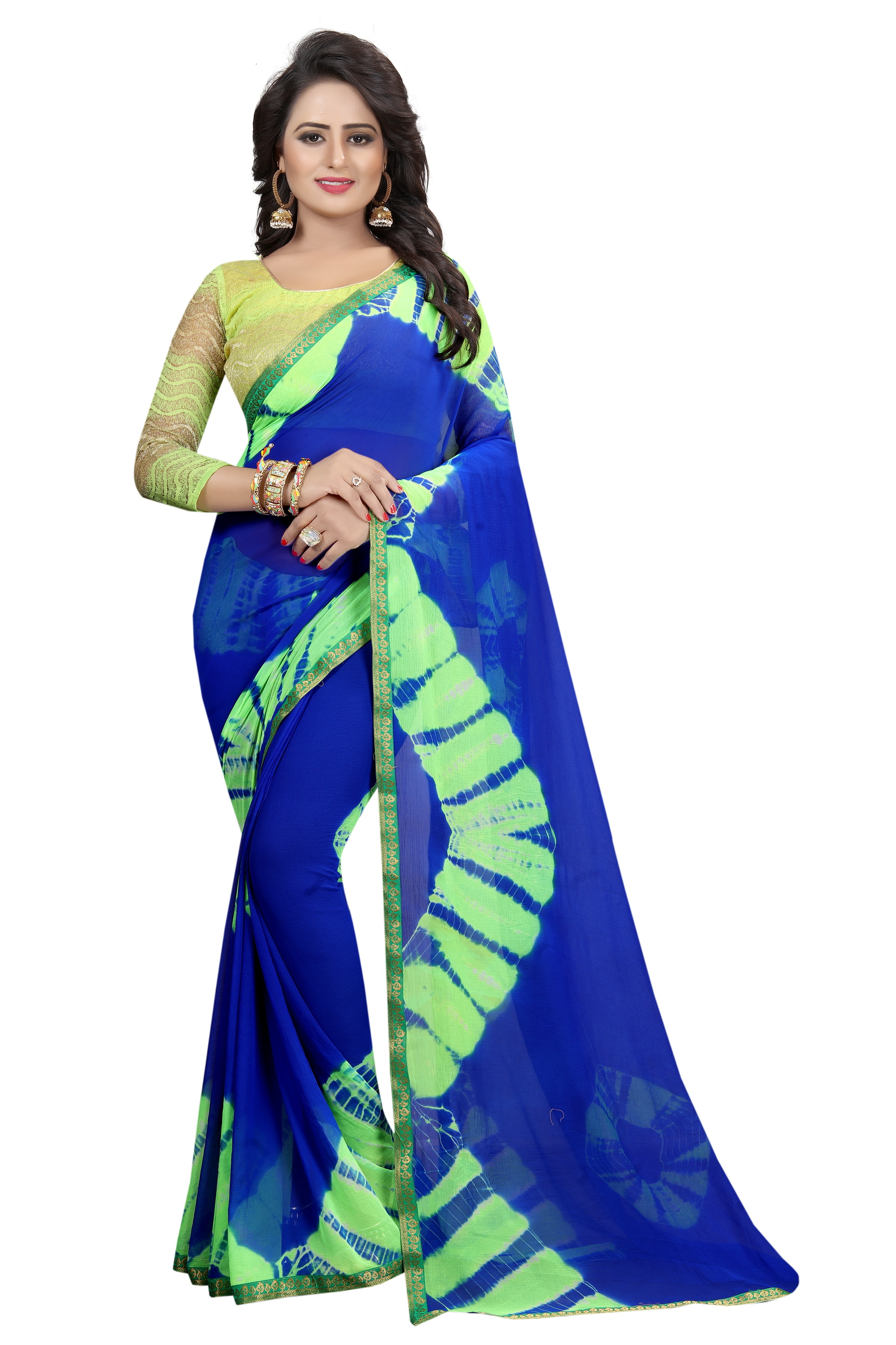 Print Chiffon Saree - 5.5 Mtr Length, 0.8 Mtr Blouse | Fanta Blue, Chokda Rani, Green Blue, Green Woman, Silk Fabric, Printed Design