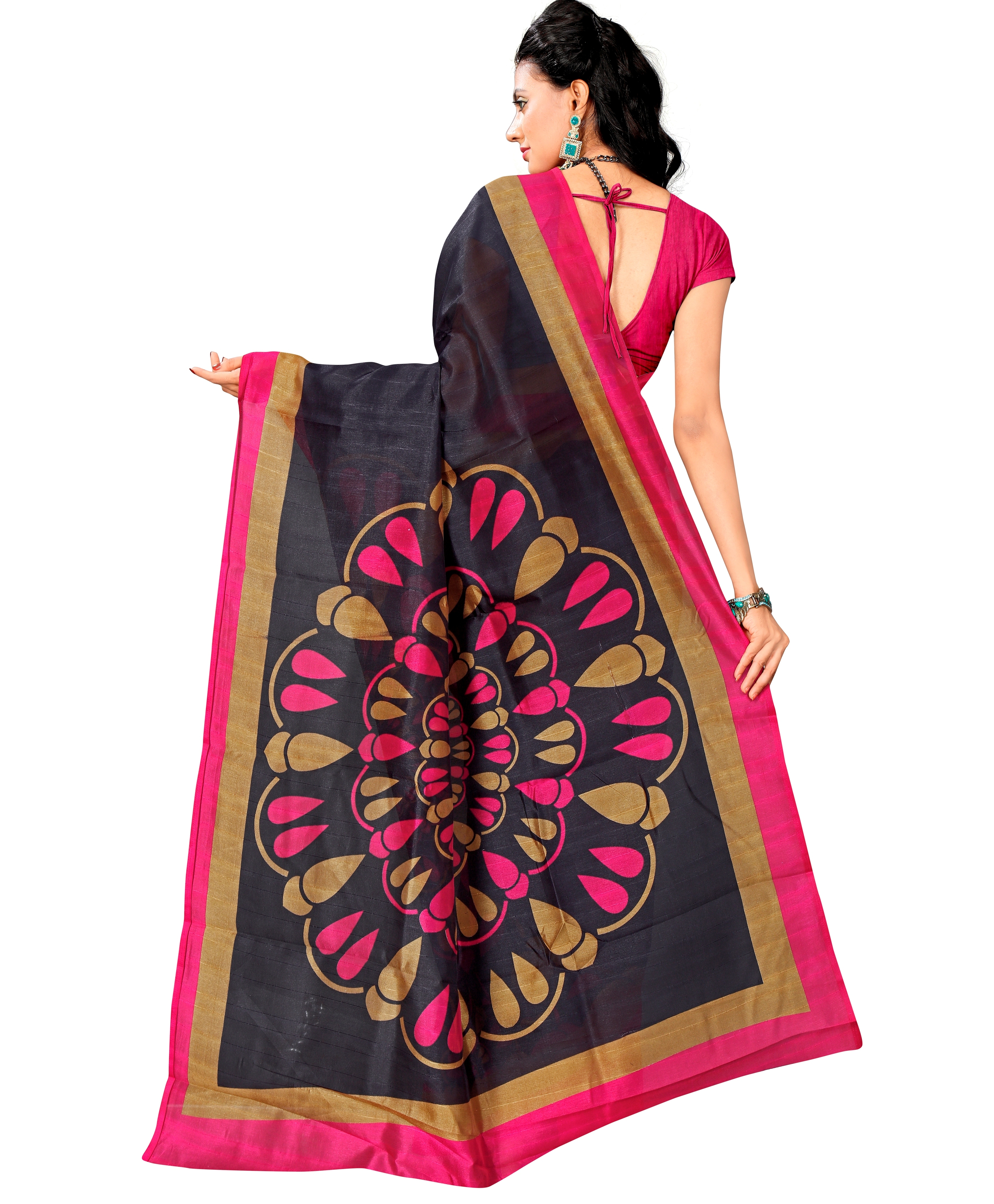 Bhagalpuri Printed Saree - Cotton & Art Silk, Length: 5.5 Mtr, Blouse Length: 0.8 Mtr | Colors: Red, Yellow, Brown, Orange, Green, Pattern: Printed