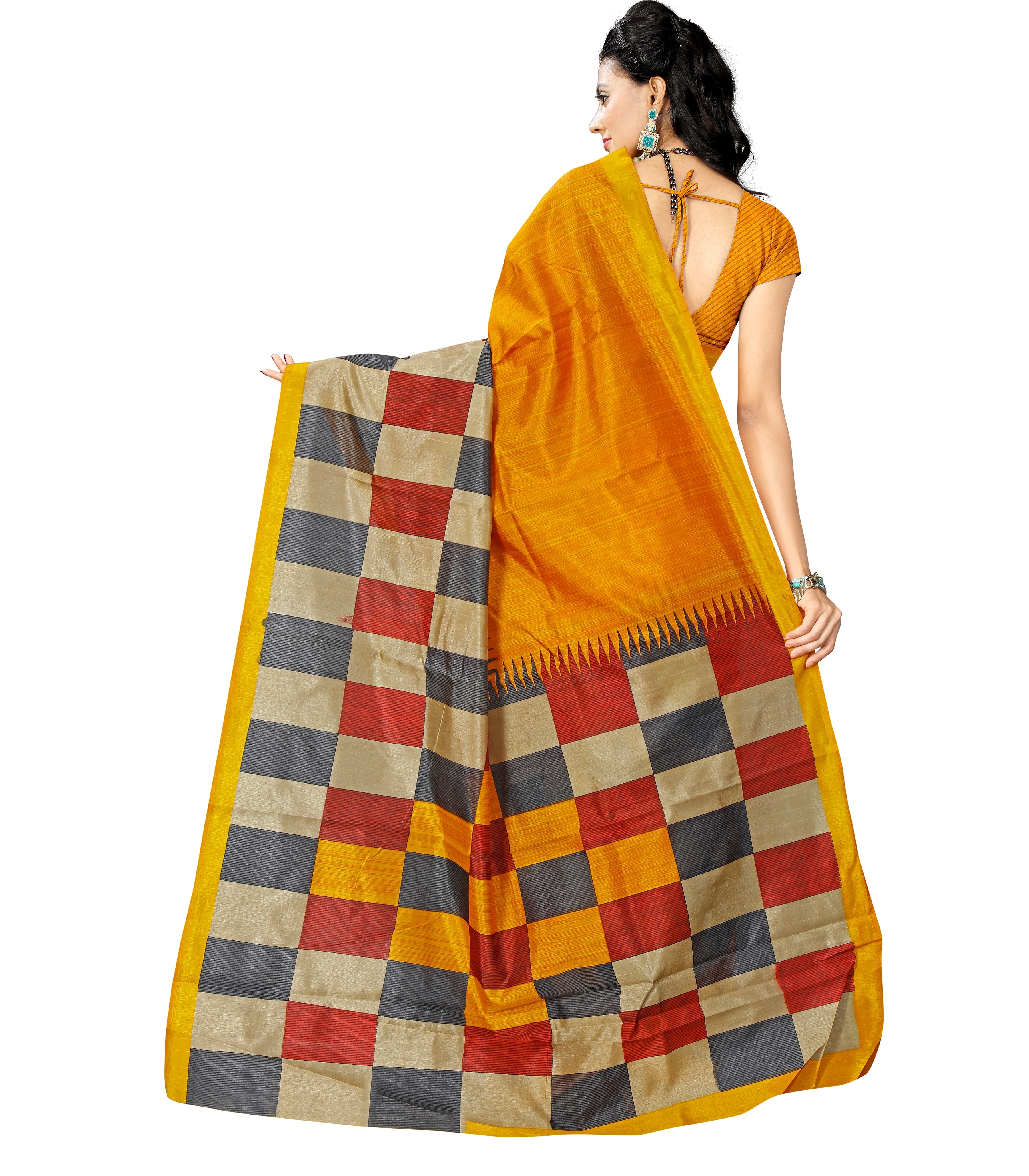 Bhagalpuri Printed Saree - Cotton & Art Silk, Length: 5.5 Mtr, Blouse Length: 0.8 Mtr | Colors: Red, Yellow, Brown, Orange, Green, Pattern: Printed