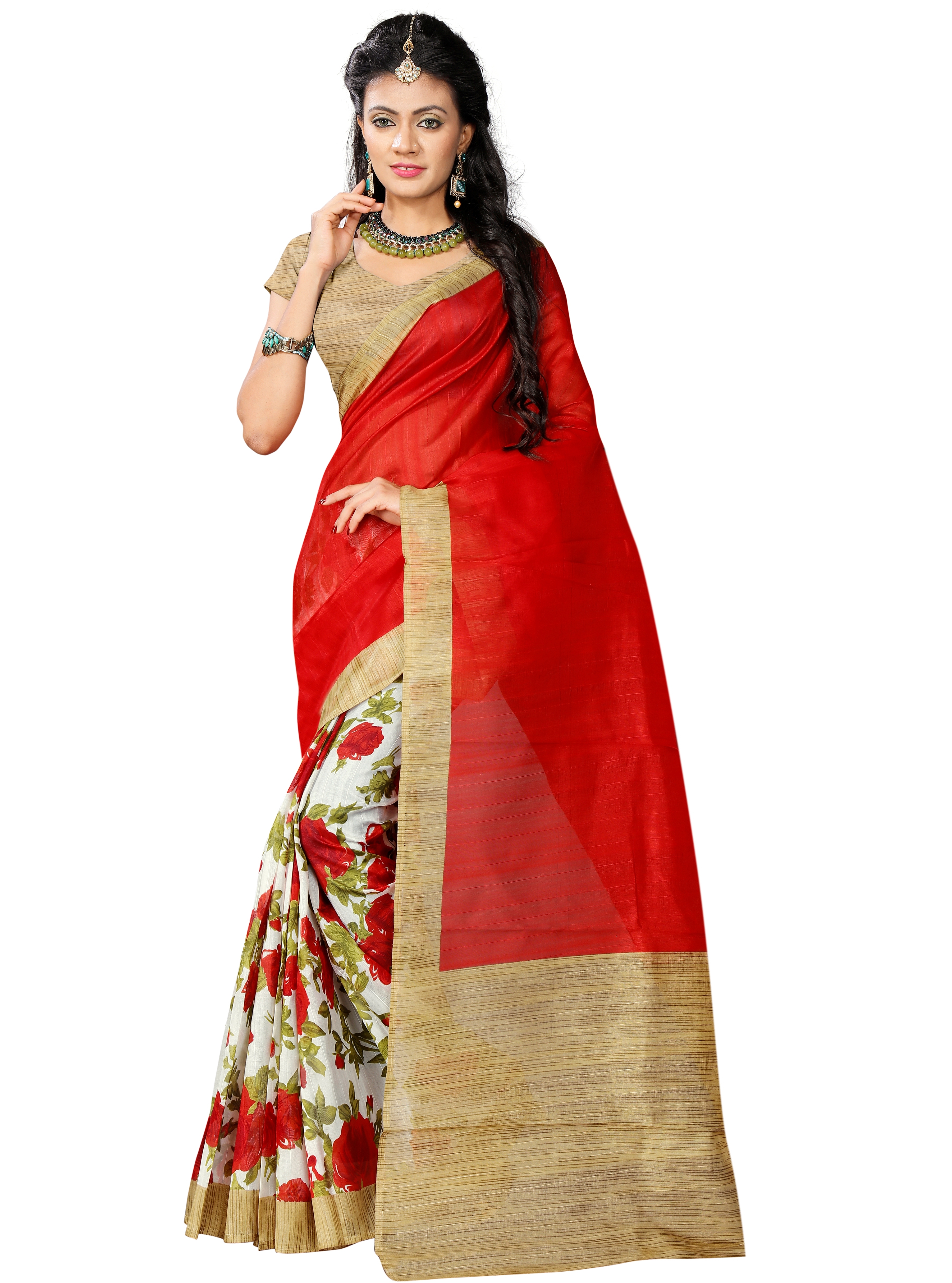 Bhagalpuri Printed Saree - Cotton & Art Silk, Length: 5.5 Mtr, Blouse Length: 0.8 Mtr | Colors: Red, Yellow, Brown, Orange, Green, Pattern: Printed