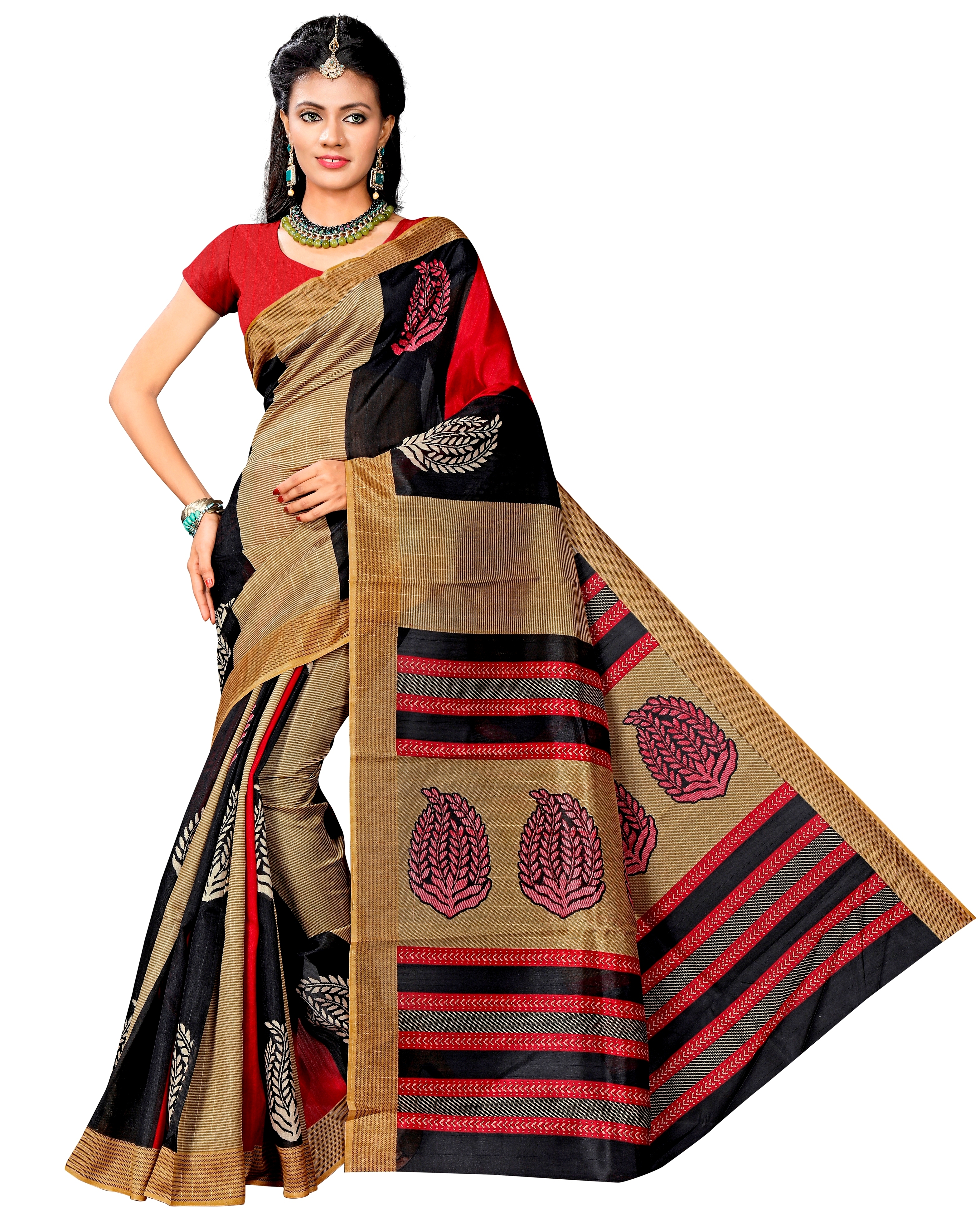 Bhagalpuri Printed Saree - Cotton & Art Silk, Length: 5.5 Mtr, Blouse Length: 0.8 Mtr | Colors: Red, Yellow, Brown, Orange, Green, Pattern: Printed