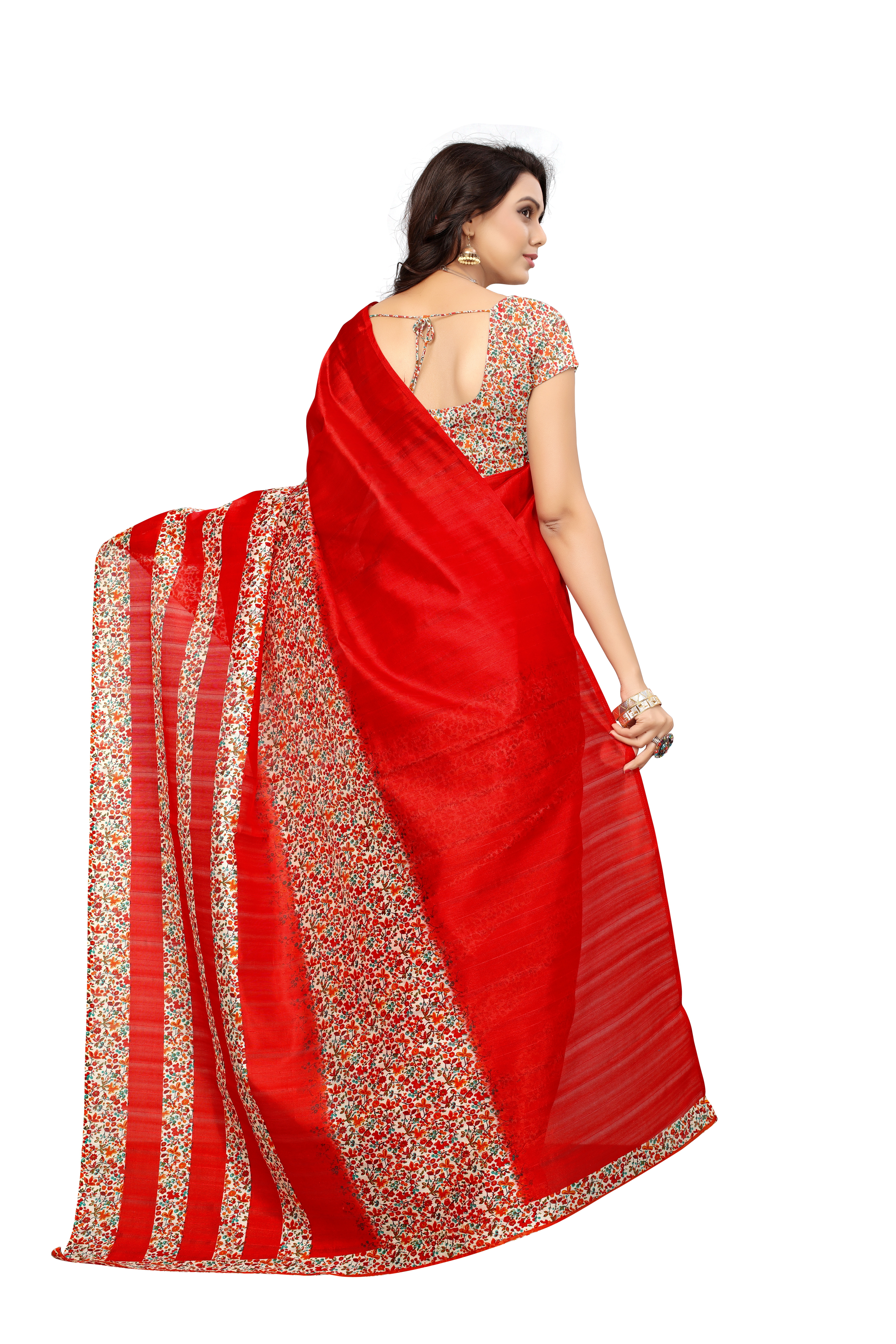 Bhagalpuri Printed Saree - Cotton & Art Silk, Length: 5.5 Mtr, Blouse Length: 0.8 Mtr | Colors: Red, Yellow, Brown, Orange, Green, Pattern: Printed