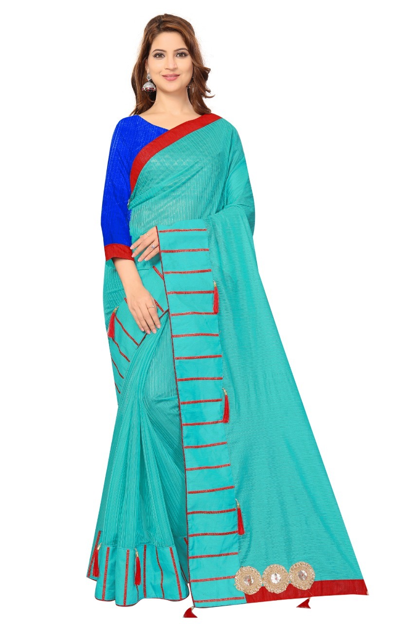 Pure Soft Polyester Saree - 5.5 Mtr Length, 0.8 Mtr Blouse | Art Silk Material, Printed Pattern In Green, Sky Blue, Orange, Yellow