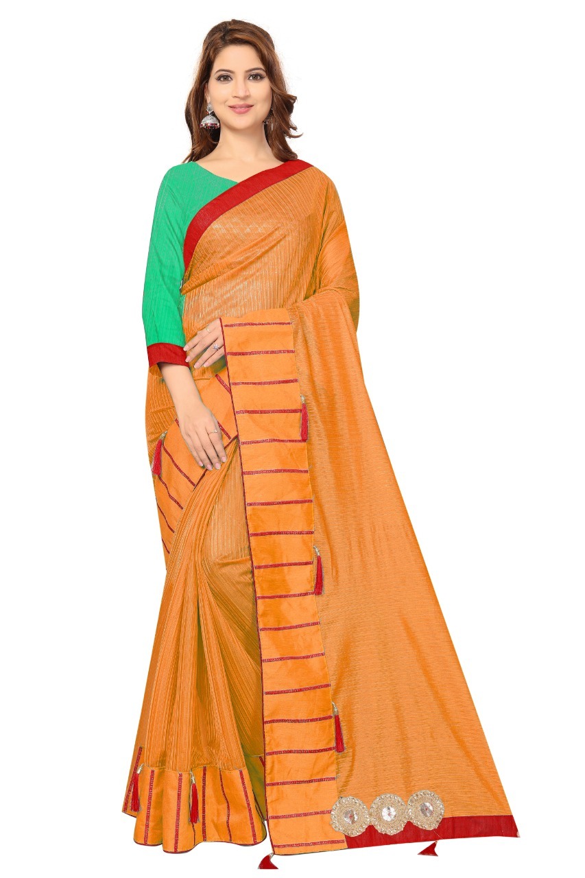 Pure Soft Polyester Saree - 5.5 Mtr Length, 0.8 Mtr Blouse | Art Silk Material, Printed Pattern In Green, Sky Blue, Orange, Yellow