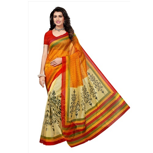 Cotton Printed Saree - 5.5 Mtr Cotton Silk Fabric , Vibrant Red, Yellow, Brown, Orange, Green Colors