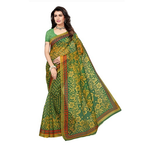 Cotton Printed Saree - 5.5 Mtr Cotton Silk Fabric , Vibrant Red, Yellow, Brown, Orange, Green Colors