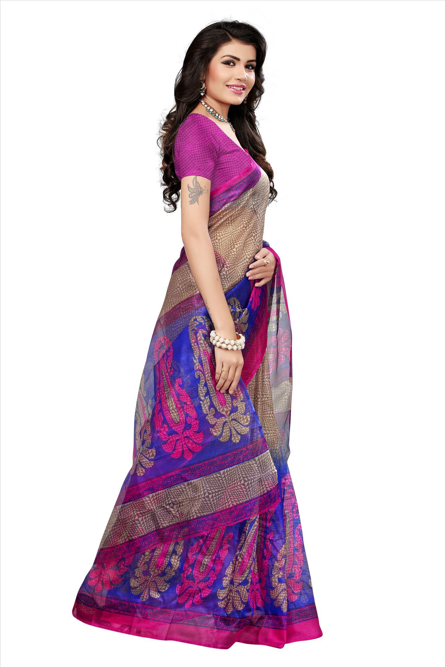 Cotton Printed Saree - 5.5 Mtr Cotton Silk Fabric , Vibrant Red, Yellow, Brown, Orange, Green Colors