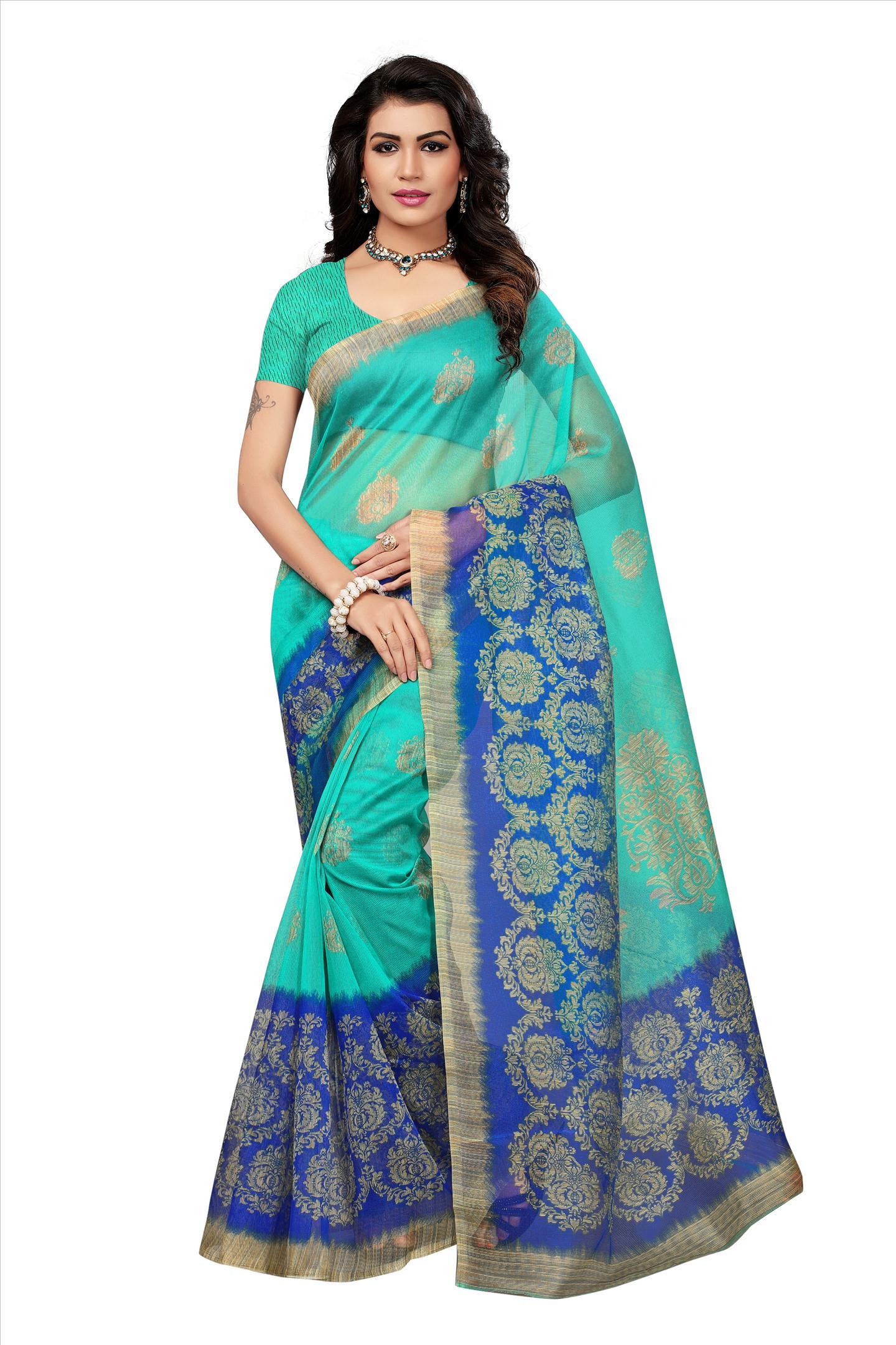 Kota Doria Saree - 5.5 Mtr Length 0.8 Mtr Blouse | Art Silk Printed Design Available In Red Yellow Brown Orange Green