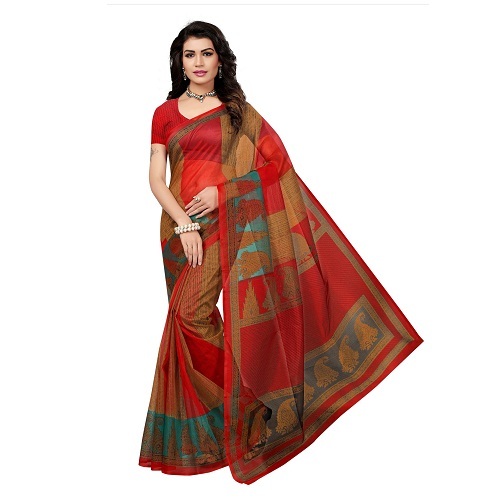 Kota Doria Saree - 5.5 Mtr Length 0.8 Mtr Blouse | Art Silk Printed Design Available In Red Yellow Brown Orange Green