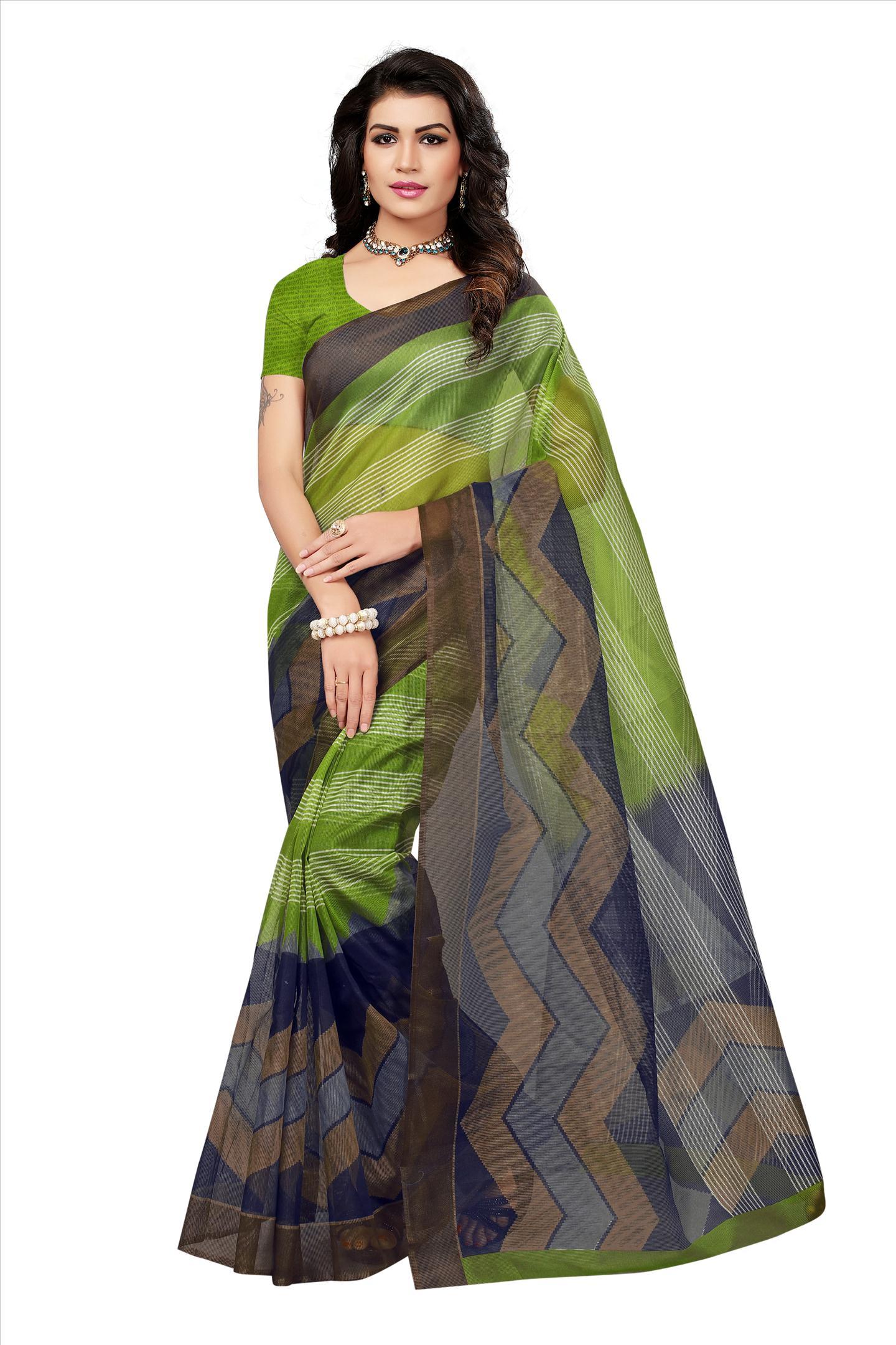 Kota Doria Saree - 5.5 Mtr Length 0.8 Mtr Blouse | Art Silk Printed Design Available In Red Yellow Brown Orange Green