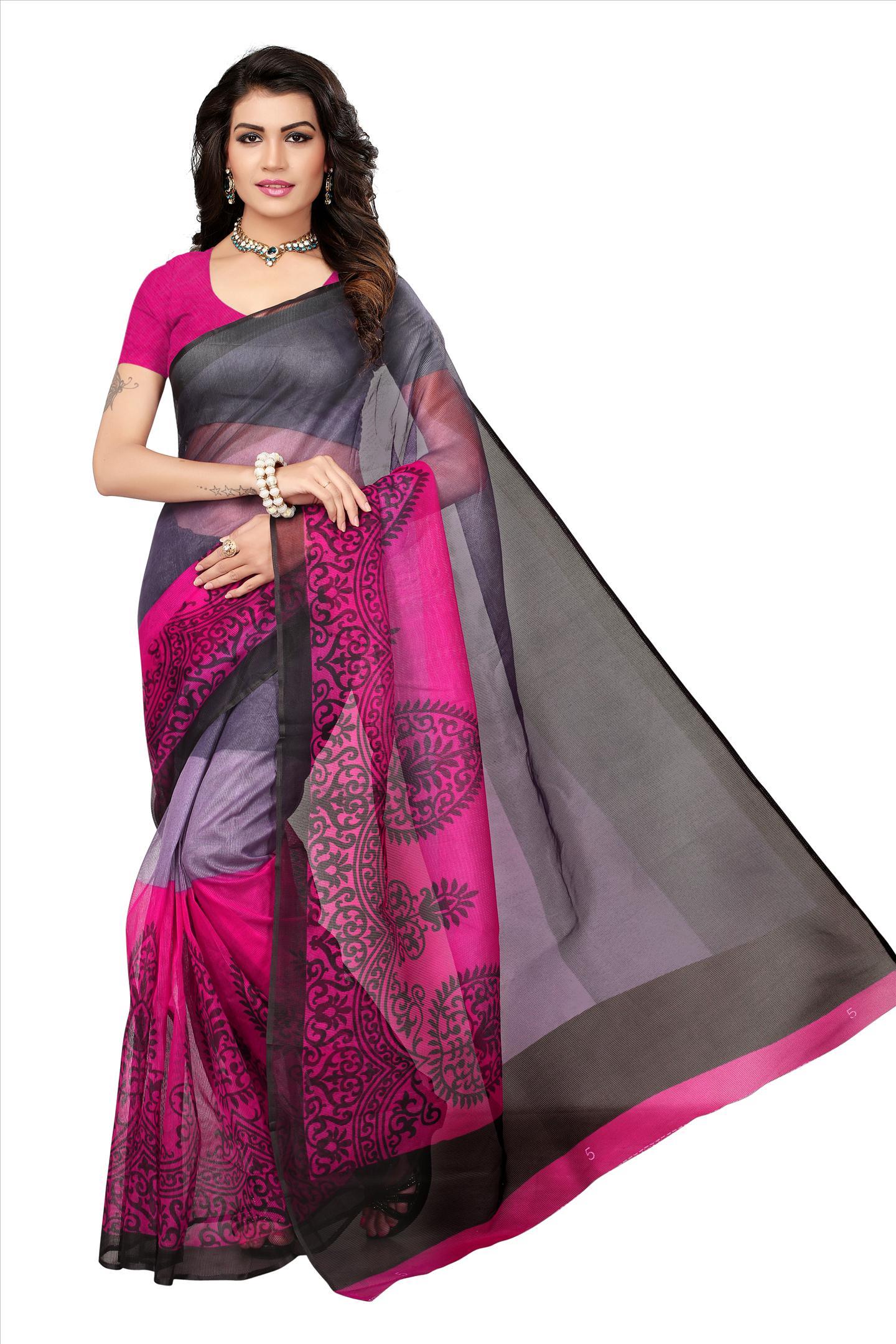 Printed Silk Saree - 5.5 Mtr Length, 0.8 Mtr Blouse | Art Silk Material, Vibrant Printed Patterns In Red, Yellow, Brown, Orange, Green