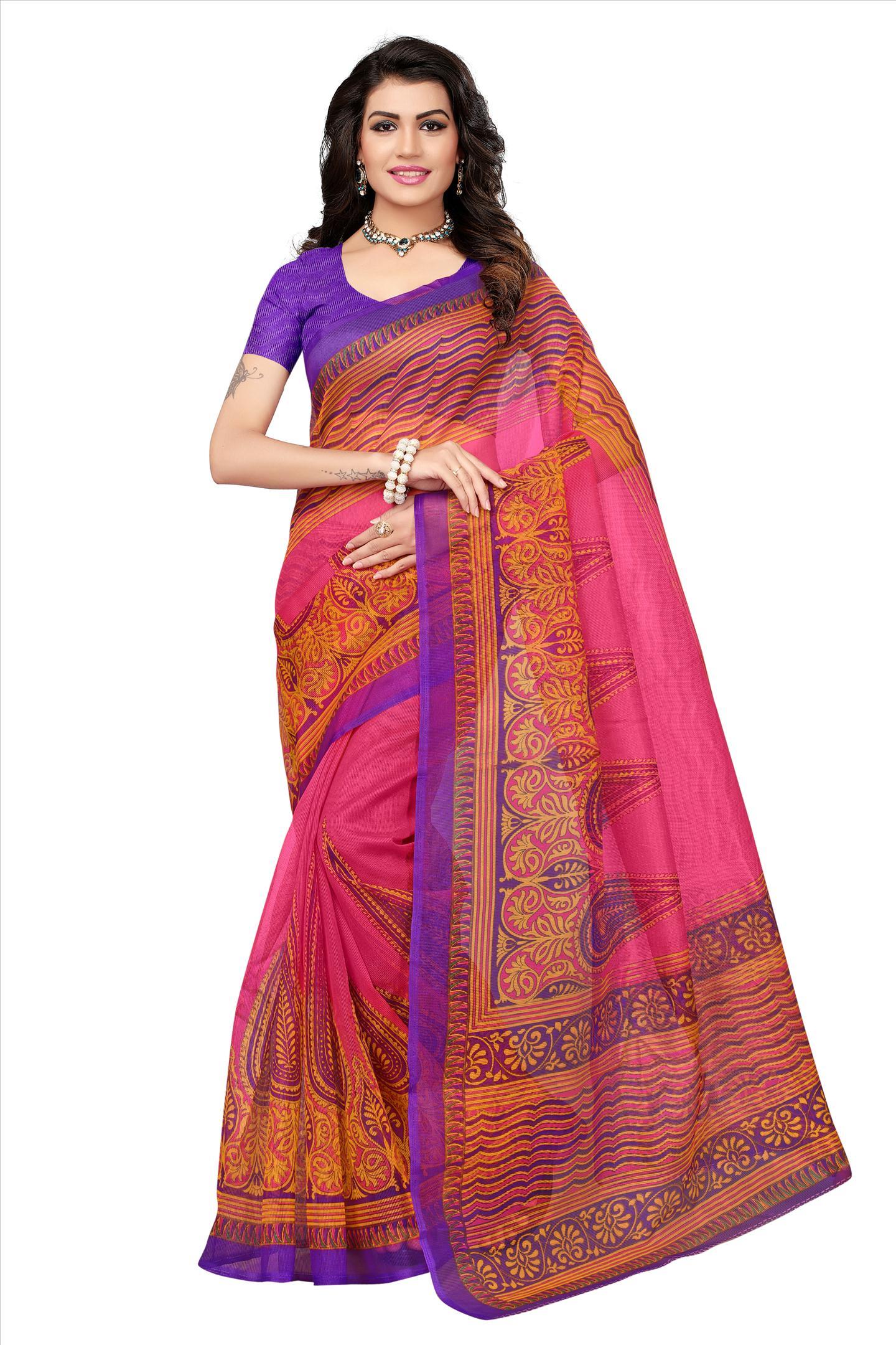 Printed Silk Saree - 5.5 Mtr Length, 0.8 Mtr Blouse | Art Silk Material, Vibrant Printed Patterns In Red, Yellow, Brown, Orange, Green