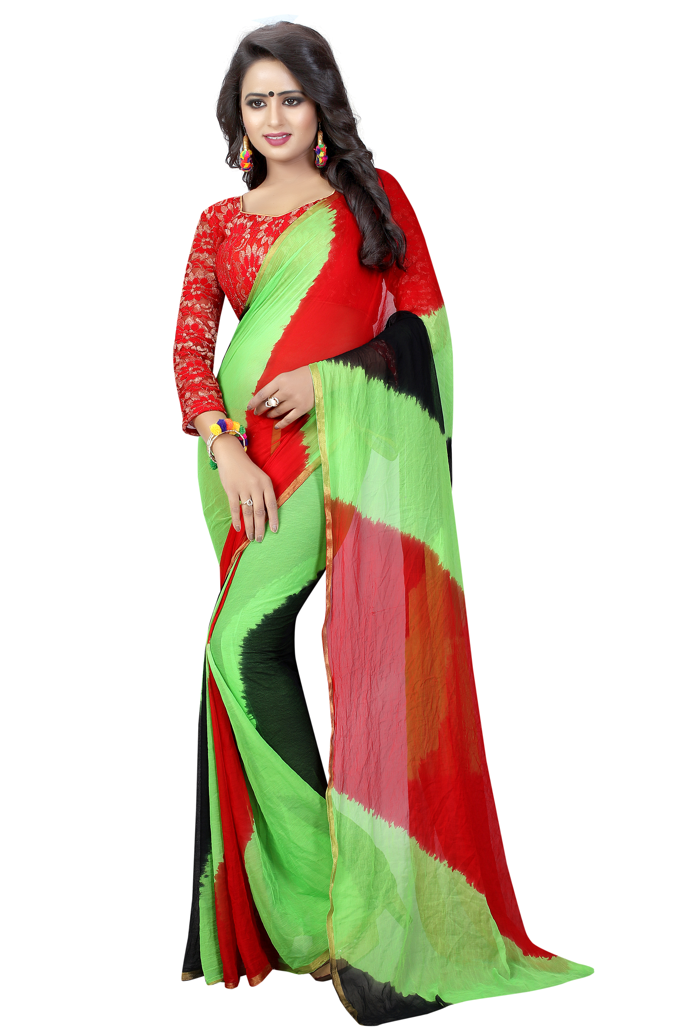 Designer Chiffon Saree - Fabric: Art Silk & Chiffon, Length: 5.5 Mtr, Blouse Length: 0.8 Mtr | Style: Printed, Colors: Multy-color, Red, Yellow, Brown, Orange, Green